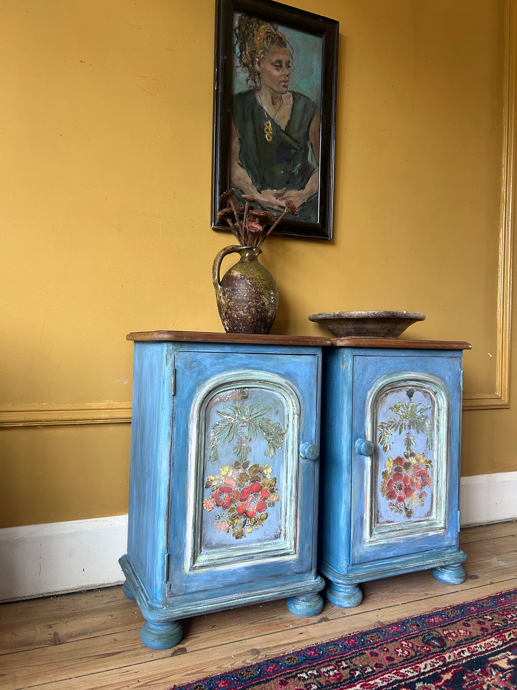 Vintage Painted Pine Bedside Cabinets with Inlaid Chinoiserie