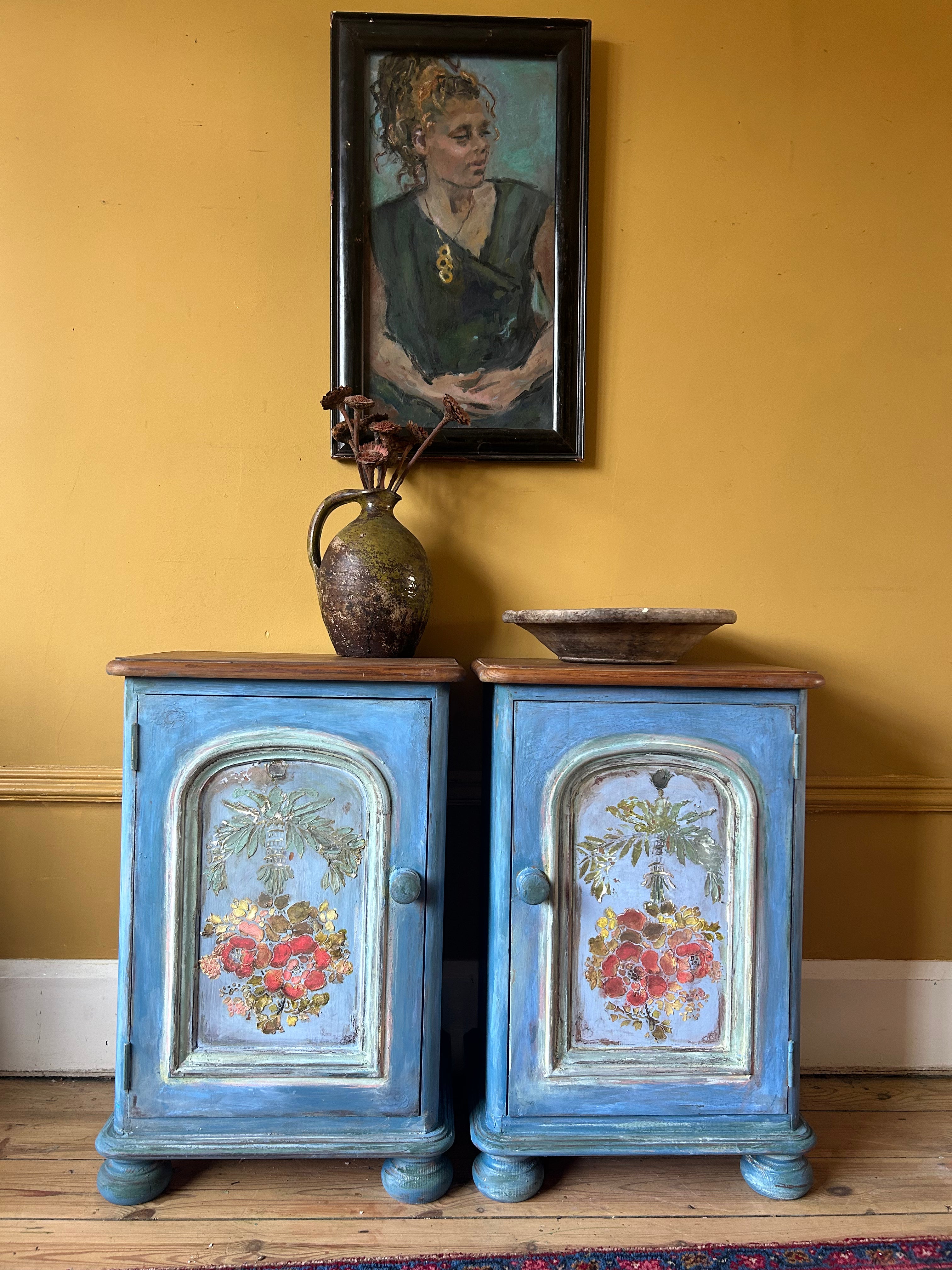 Vintage Painted Pine Bedside Cabinets with Inlaid Chinoiserie