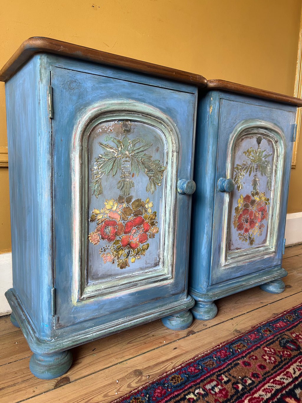 Vintage Painted Pine Bedside Cabinets with Inlaid Chinoiserie