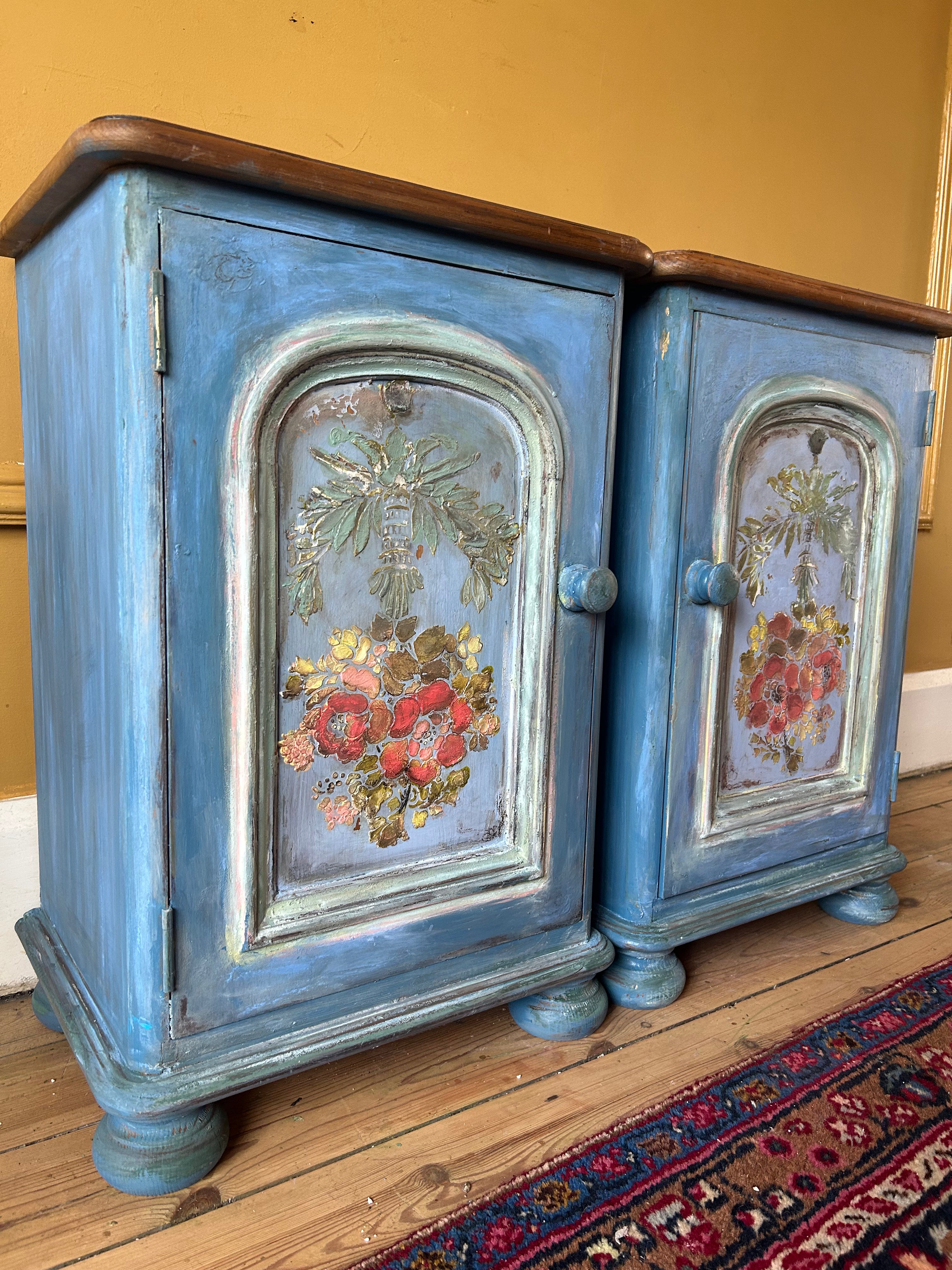 Vintage Painted Pine Bedside Cabinets with Inlaid Chinoiserie