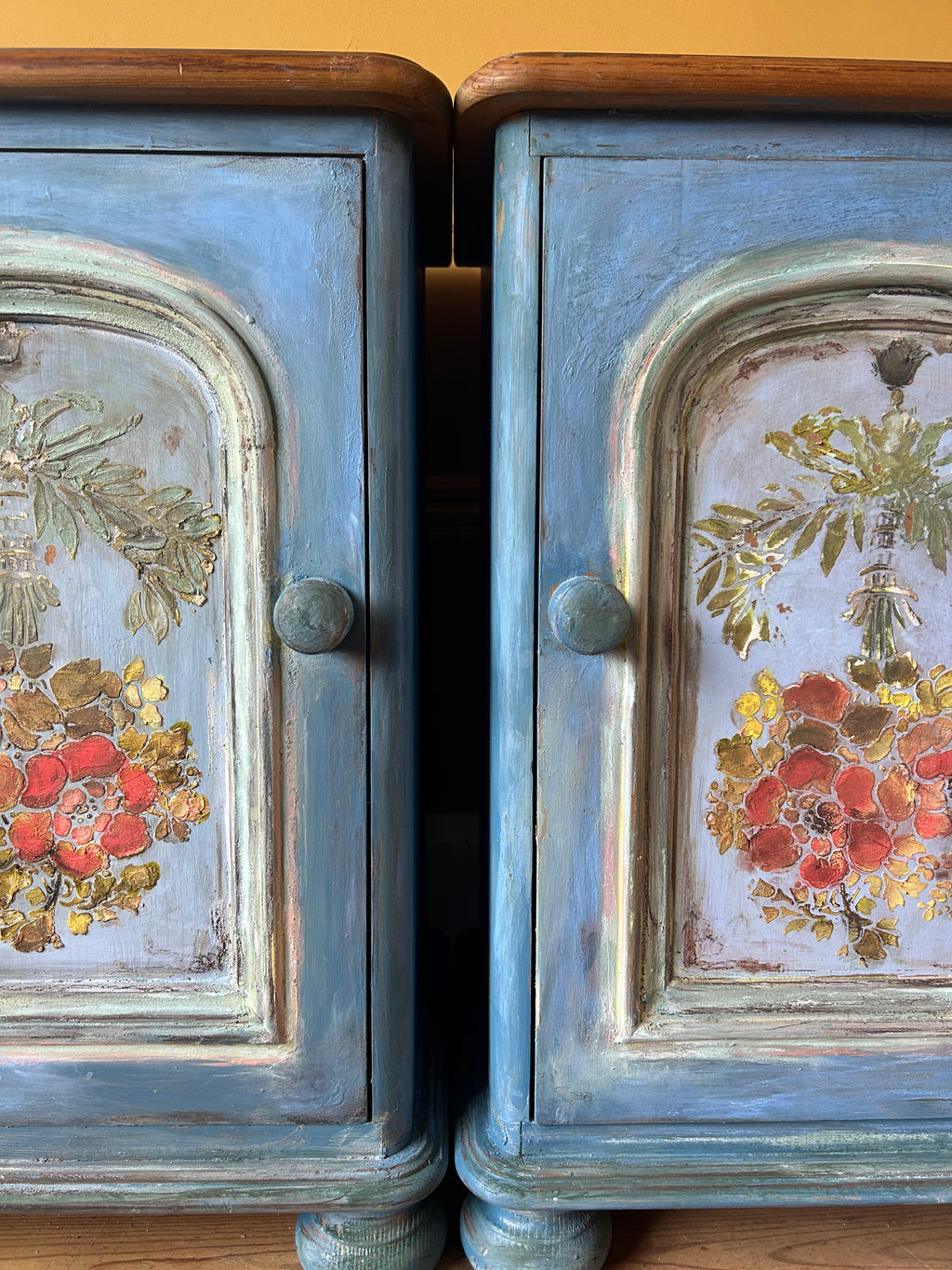 Vintage Painted Pine Bedside Cabinets with Inlaid Chinoiserie