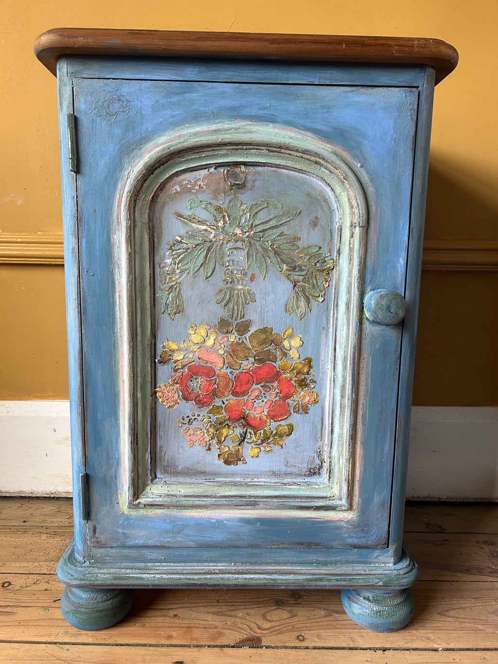 Vintage Painted Pine Bedside Cabinets with Inlaid Chinoiserie