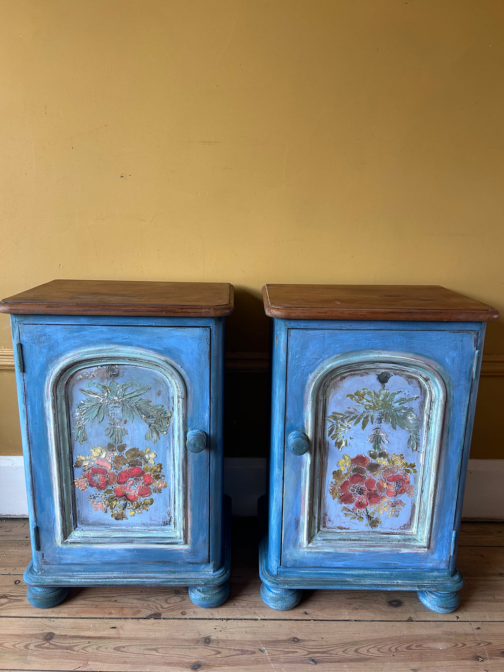 Vintage Painted Pine Bedside Cabinets with Inlaid Chinoiserie