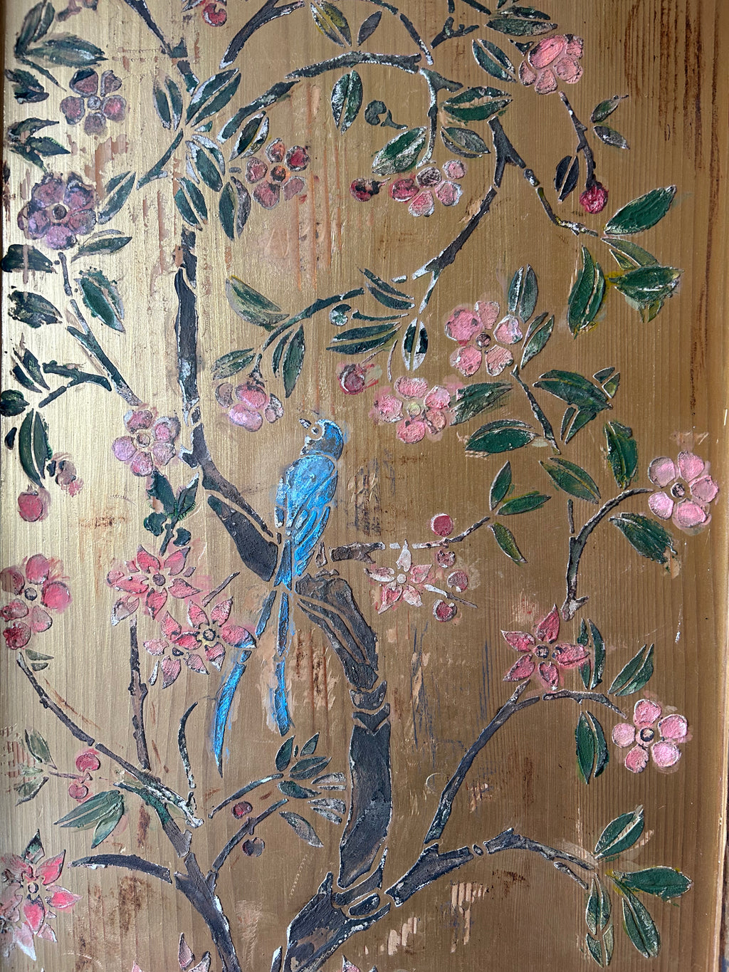 Vintage French Painted Pine Wardrobe with Inlaid Chinoiserie