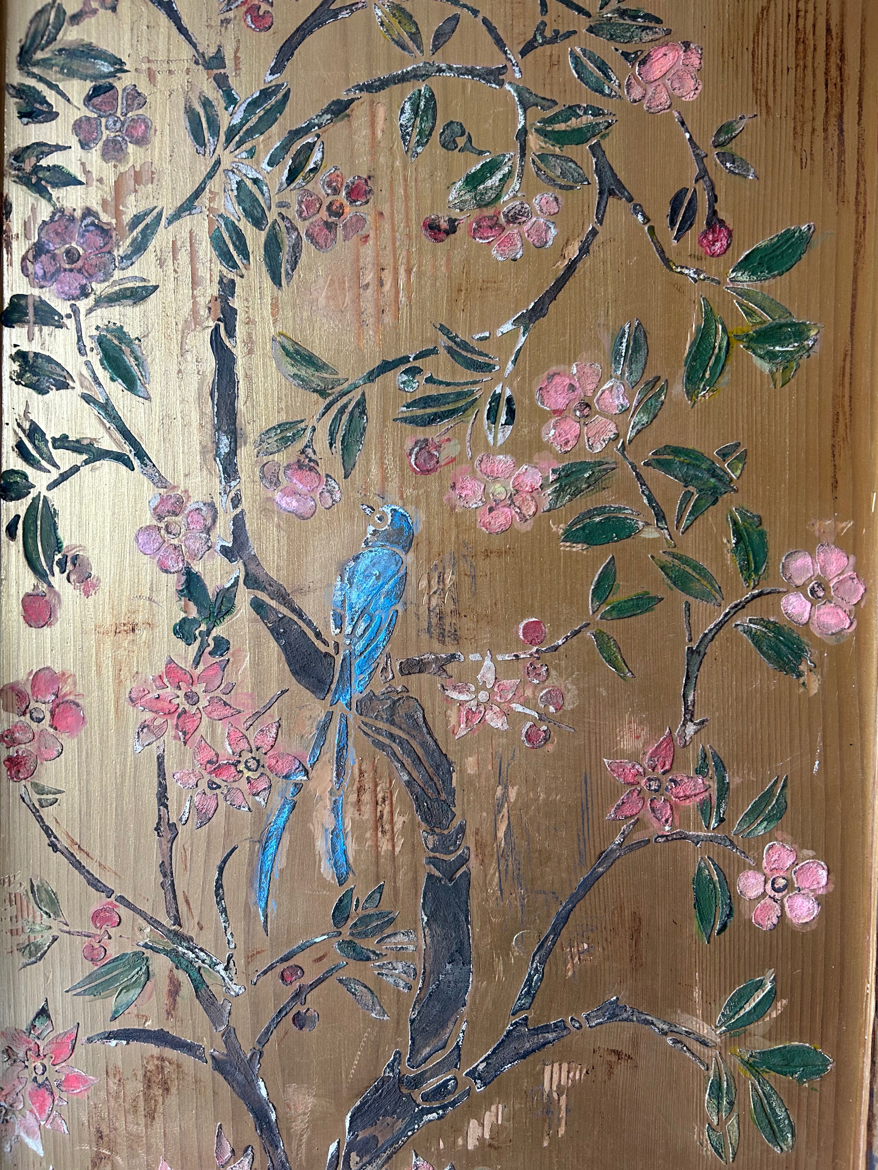 Vintage French Painted Pine Wardrobe with Inlaid Chinoiserie