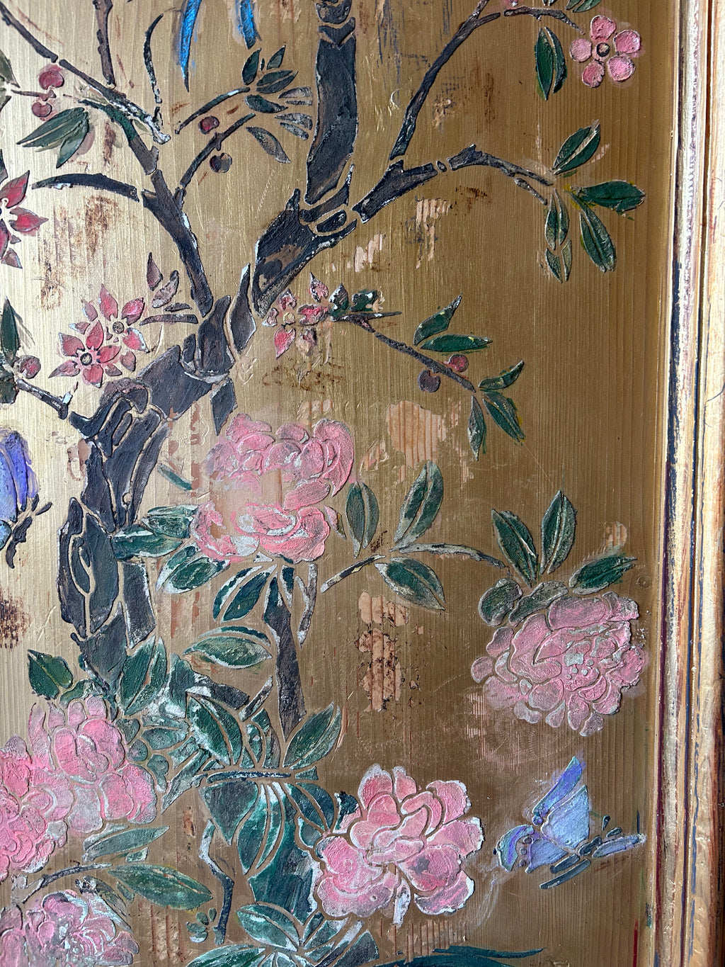 Vintage French Painted Pine Wardrobe with Inlaid Chinoiserie