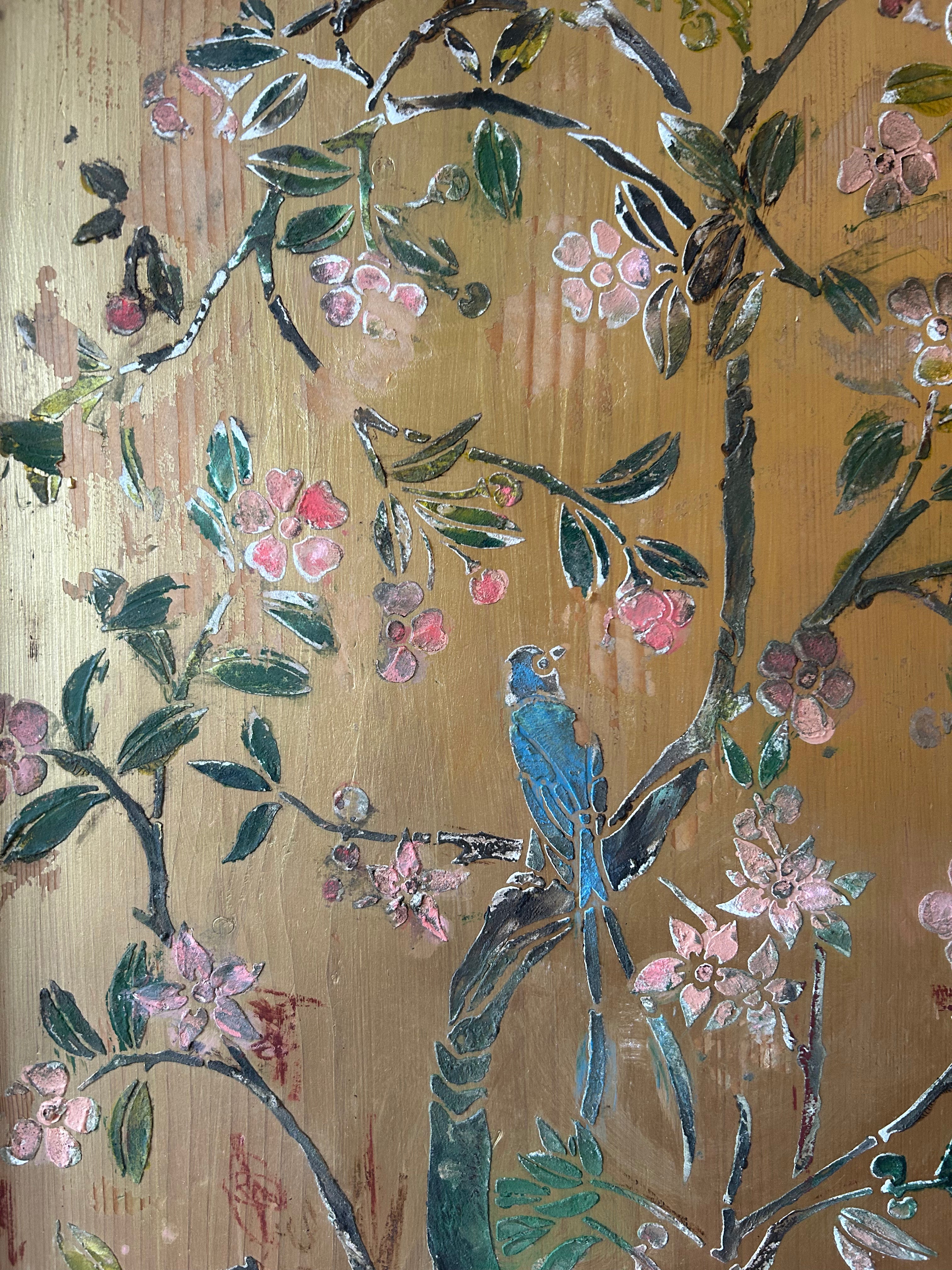 Vintage French Painted Pine Wardrobe with Inlaid Chinoiserie