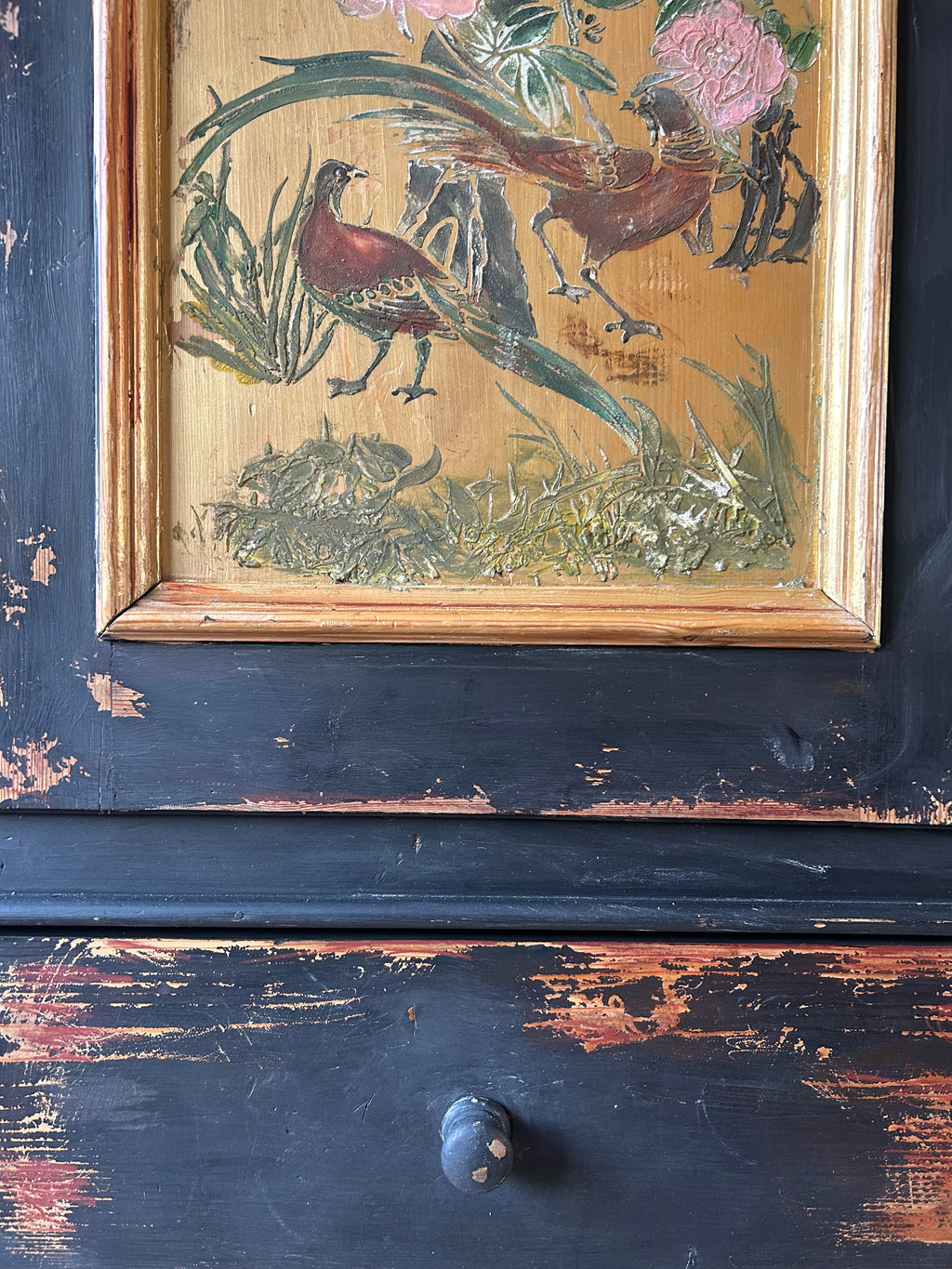 Vintage French Painted Pine Wardrobe with Inlaid Chinoiserie