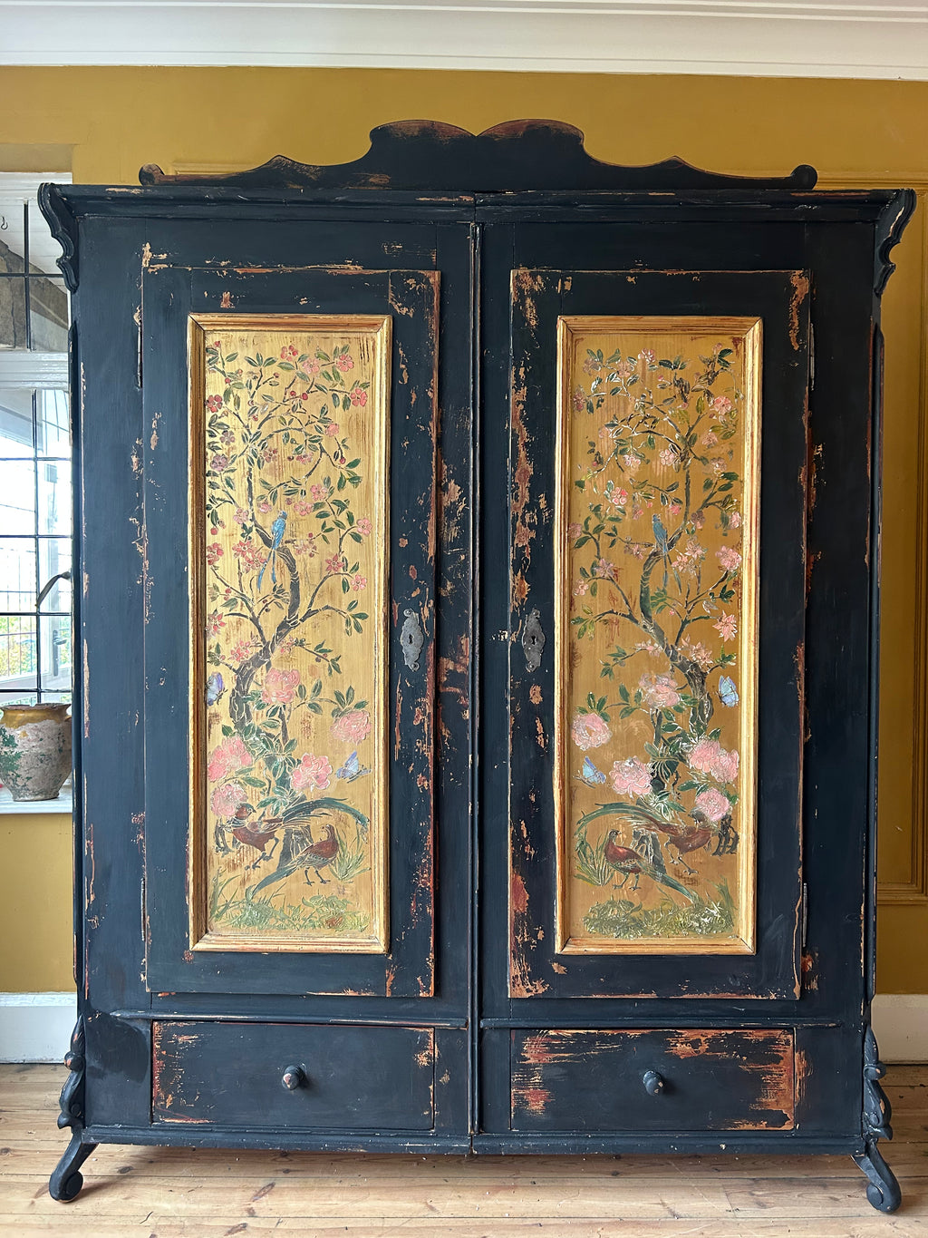 Vintage French Painted Pine Wardrobe with Inlaid Chinoiserie