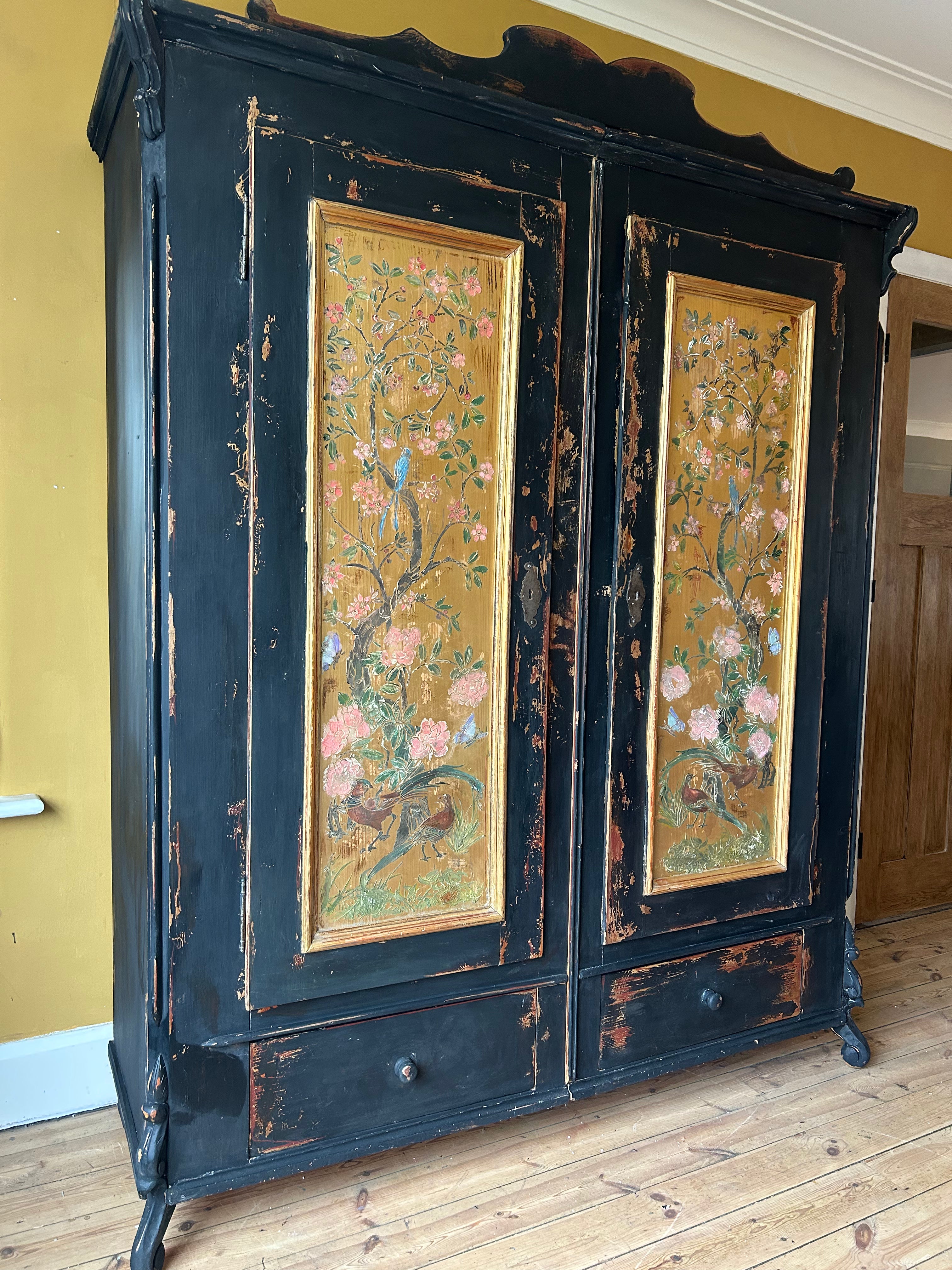Vintage French Painted Pine Wardrobe with Inlaid Chinoiserie