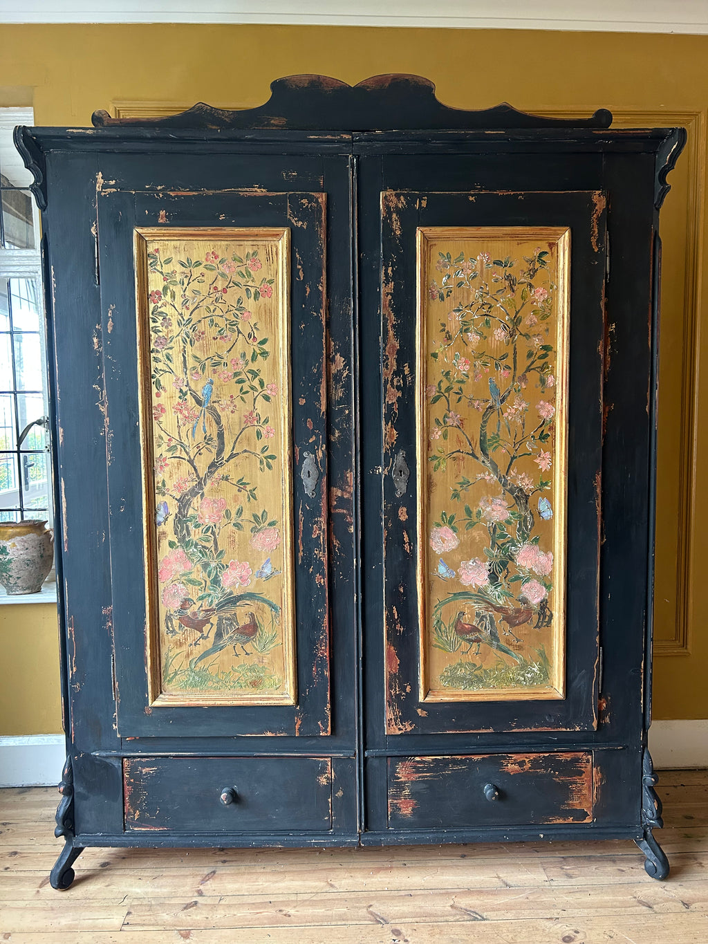 Vintage French Painted Pine Wardrobe with Inlaid Chinoiserie