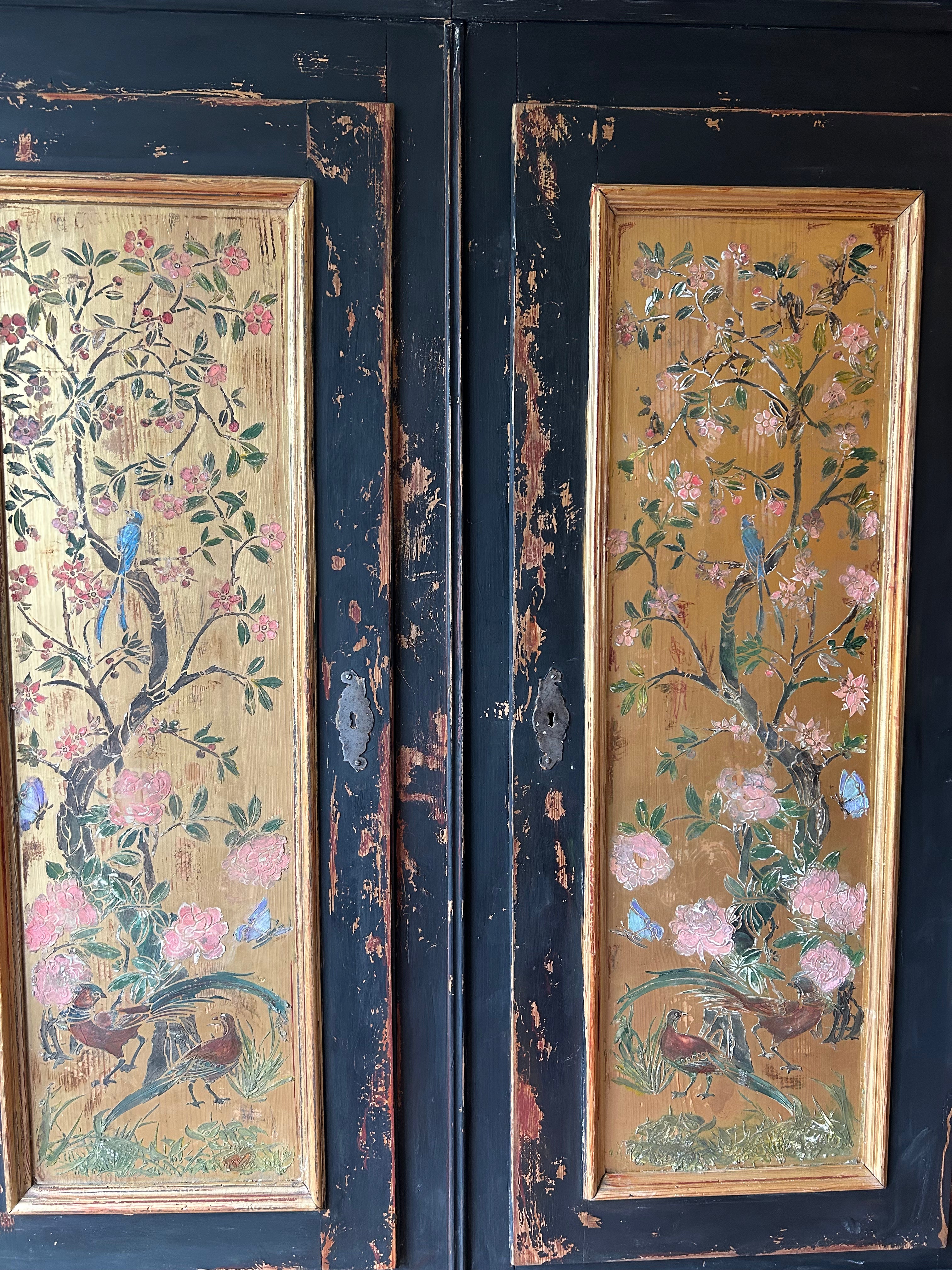 Vintage French Painted Pine Wardrobe with Inlaid Chinoiserie