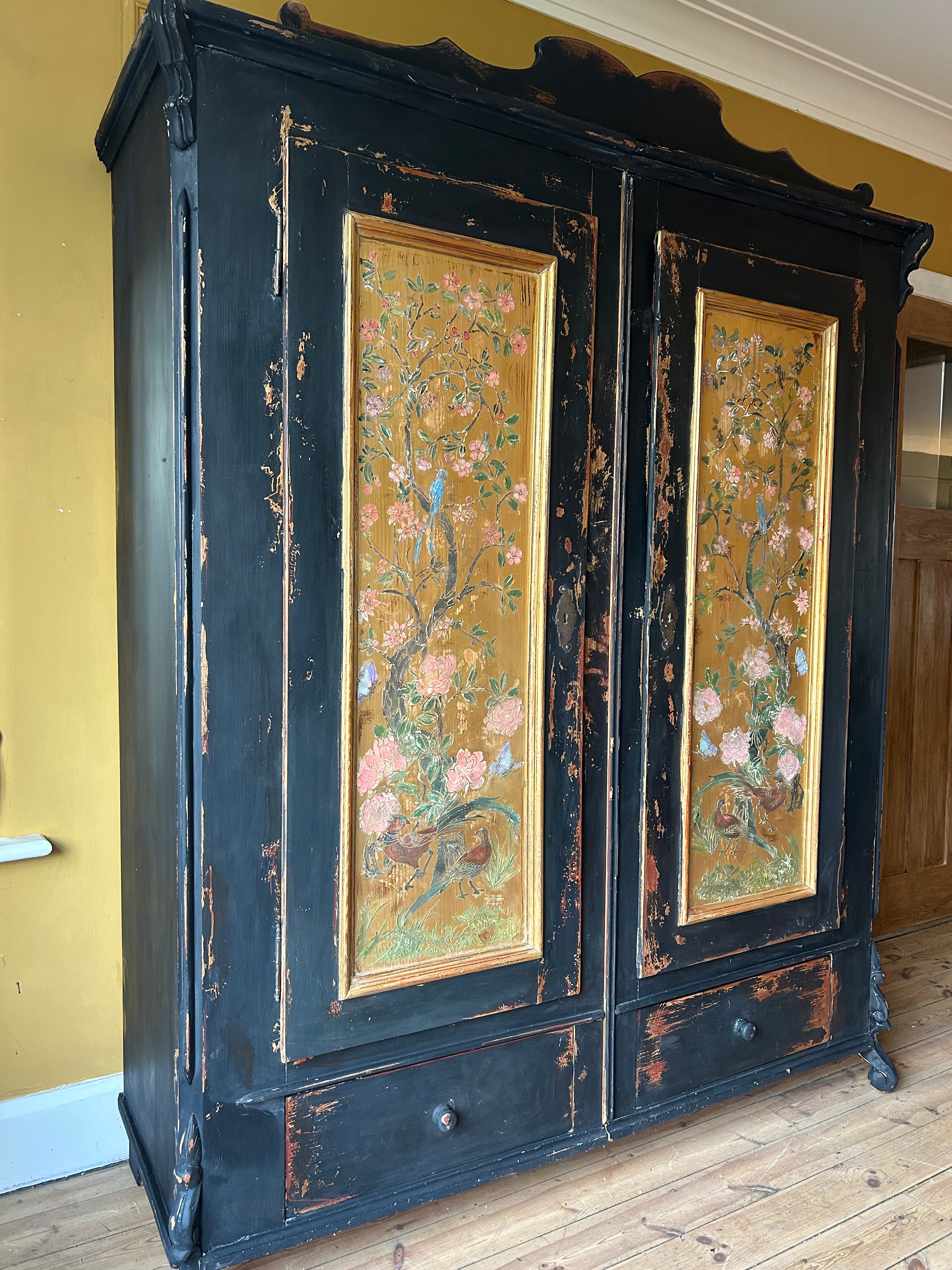 Vintage French Painted Pine Wardrobe with Inlaid Chinoiserie