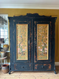 Vintage French Painted Pine Wardrobe with Inlaid Chinoiserie