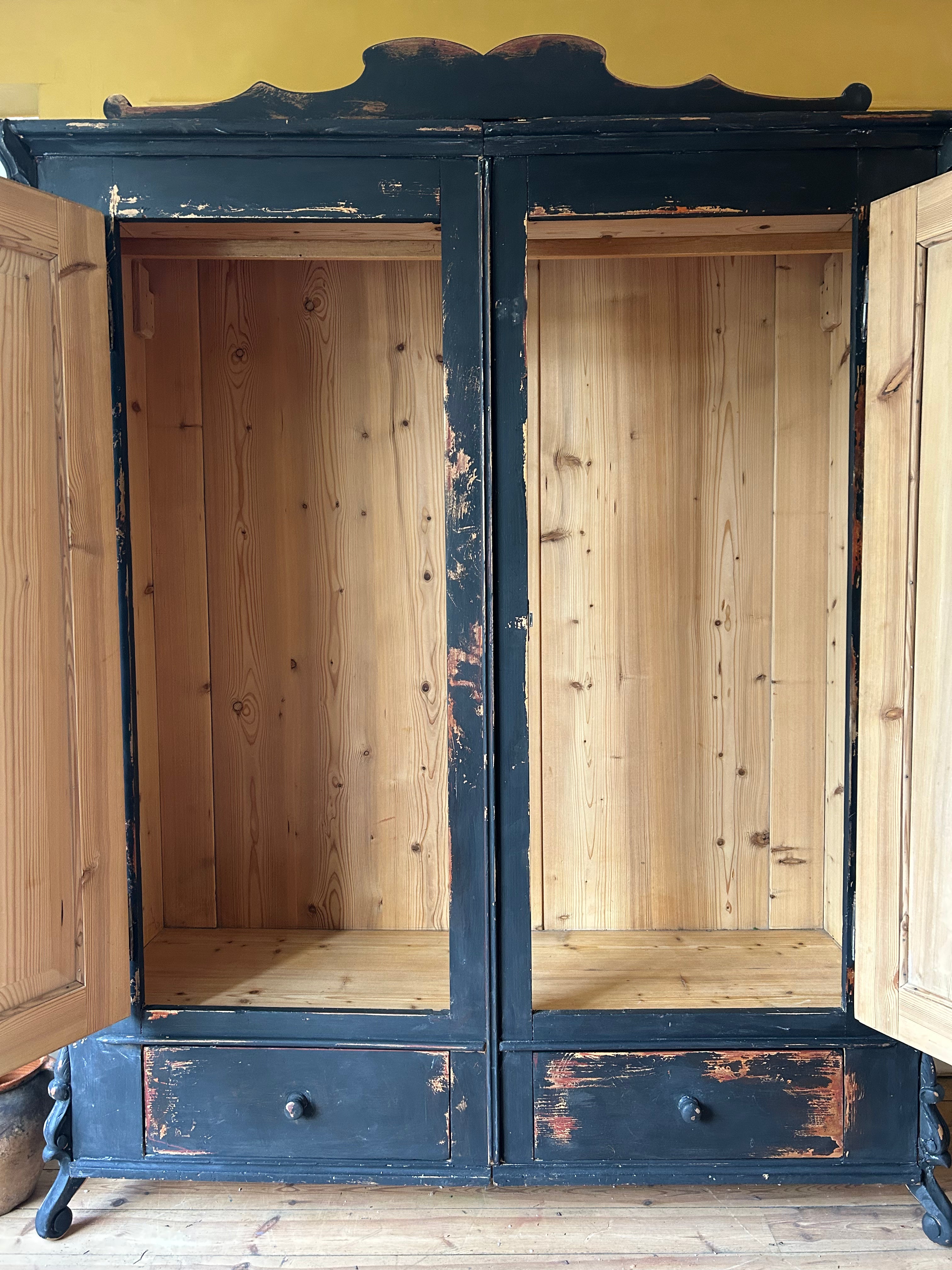 Vintage French Painted Pine Wardrobe with Inlaid Chinoiserie