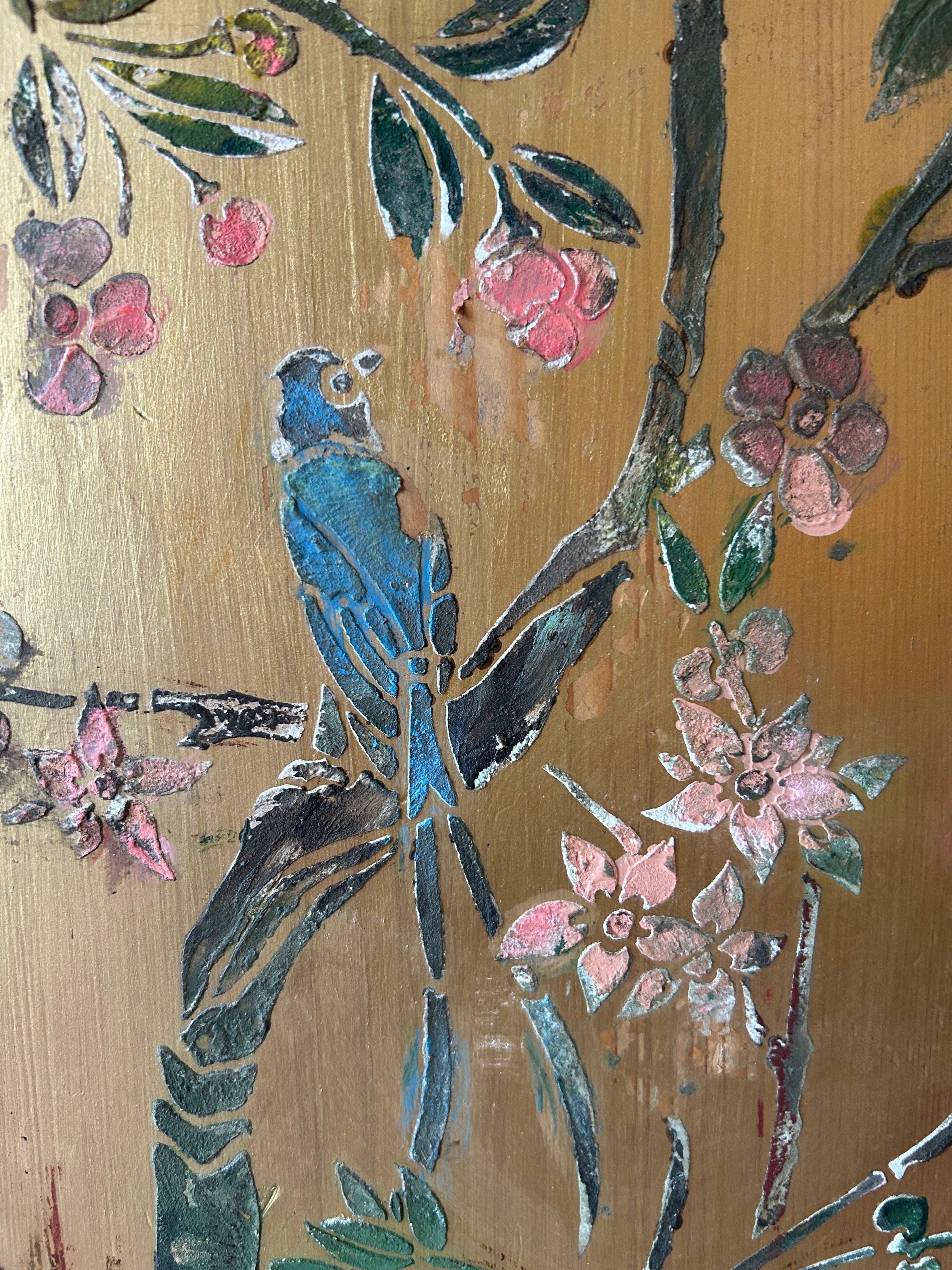 Vintage French Painted Pine Wardrobe with Inlaid Chinoiserie