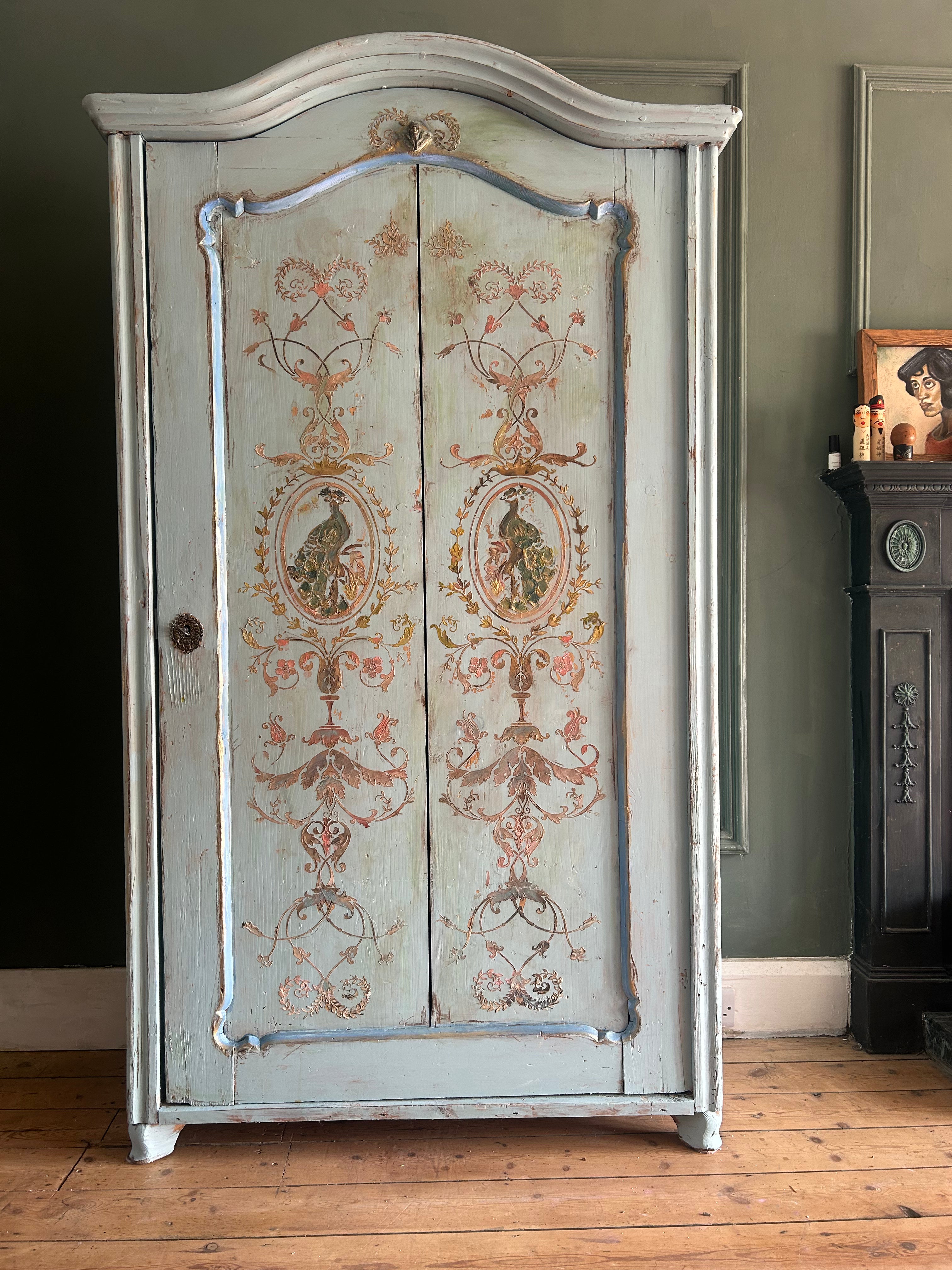 Vintage French Painted Pine Armoire with Inlaid Panel