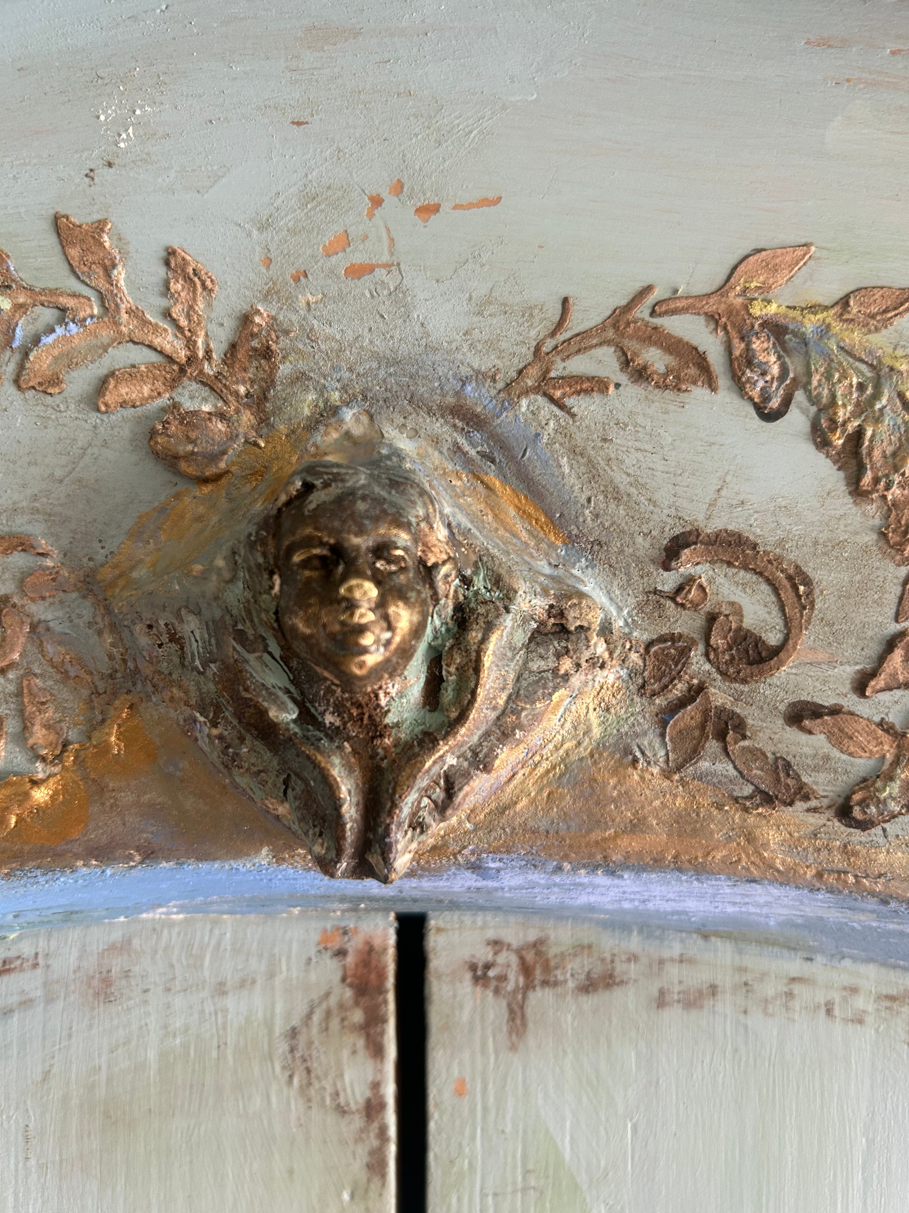 Vintage French Painted Pine Armoire with Inlaid Panel