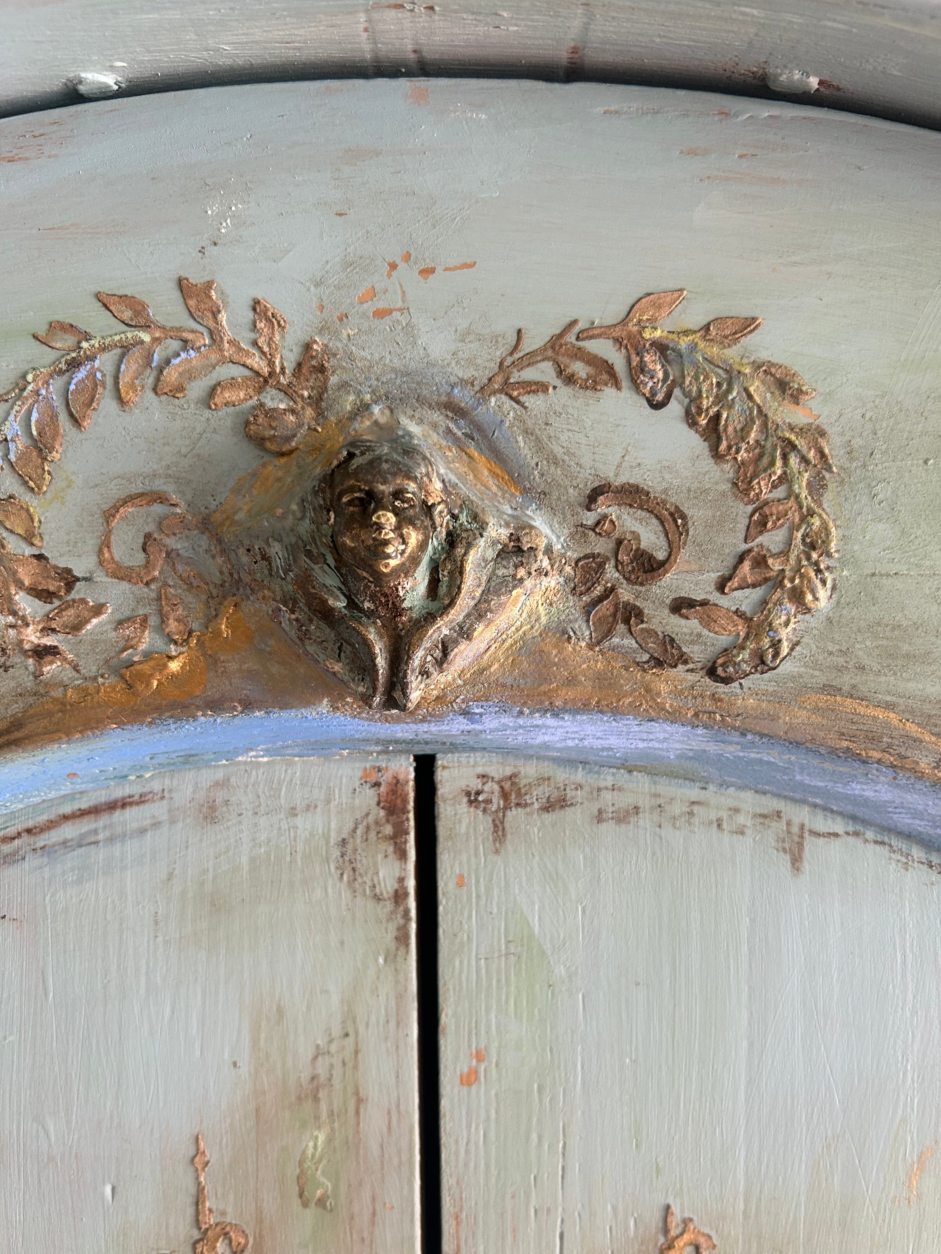 Vintage French Painted Pine Armoire with Inlaid Panel