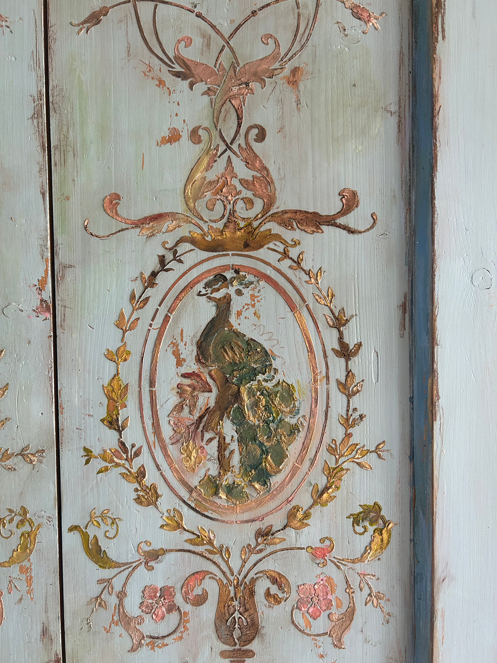 Vintage French Painted Pine Armoire with Inlaid Panel