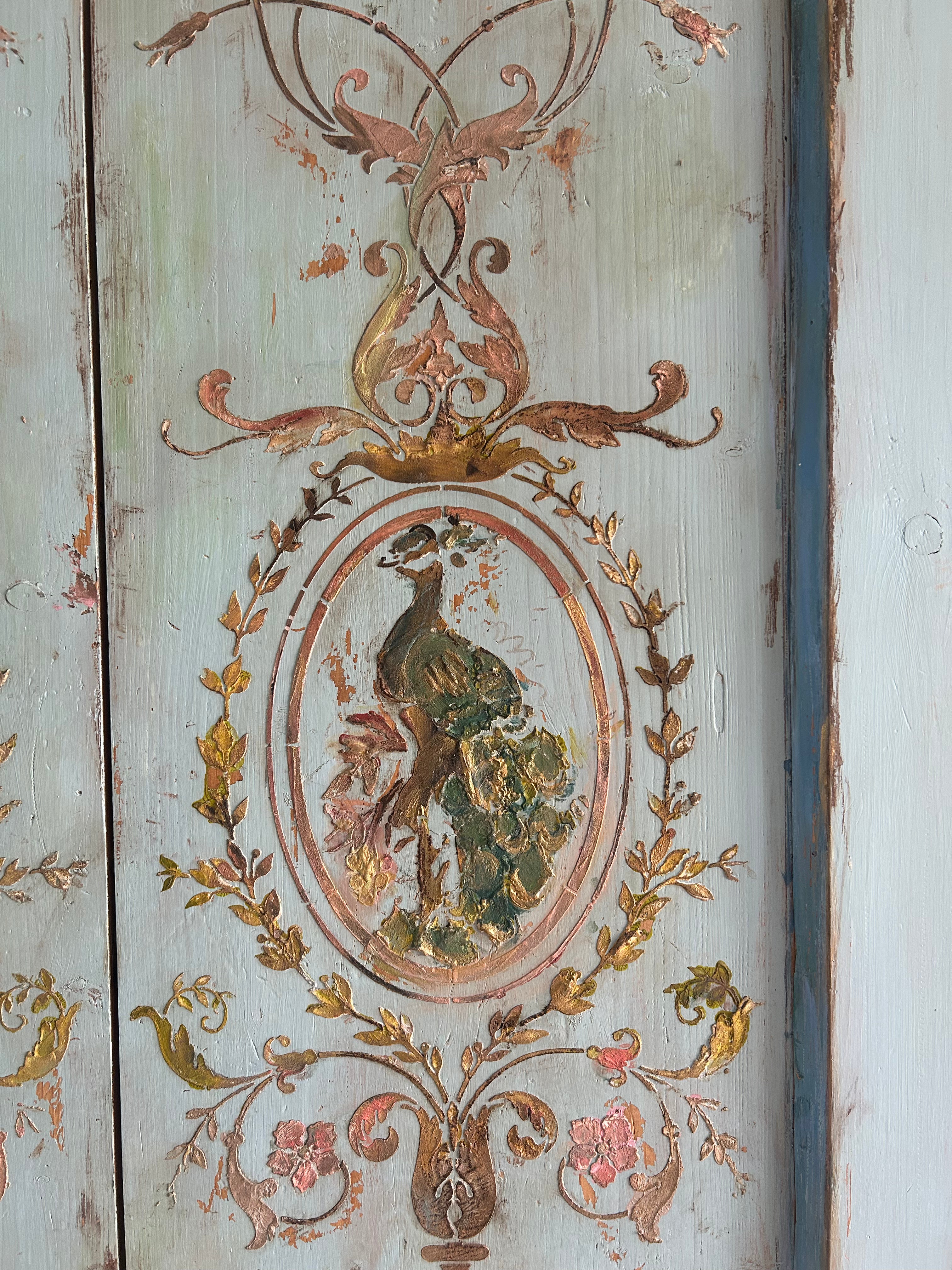 Vintage French Painted Pine Armoire with Inlaid Panel