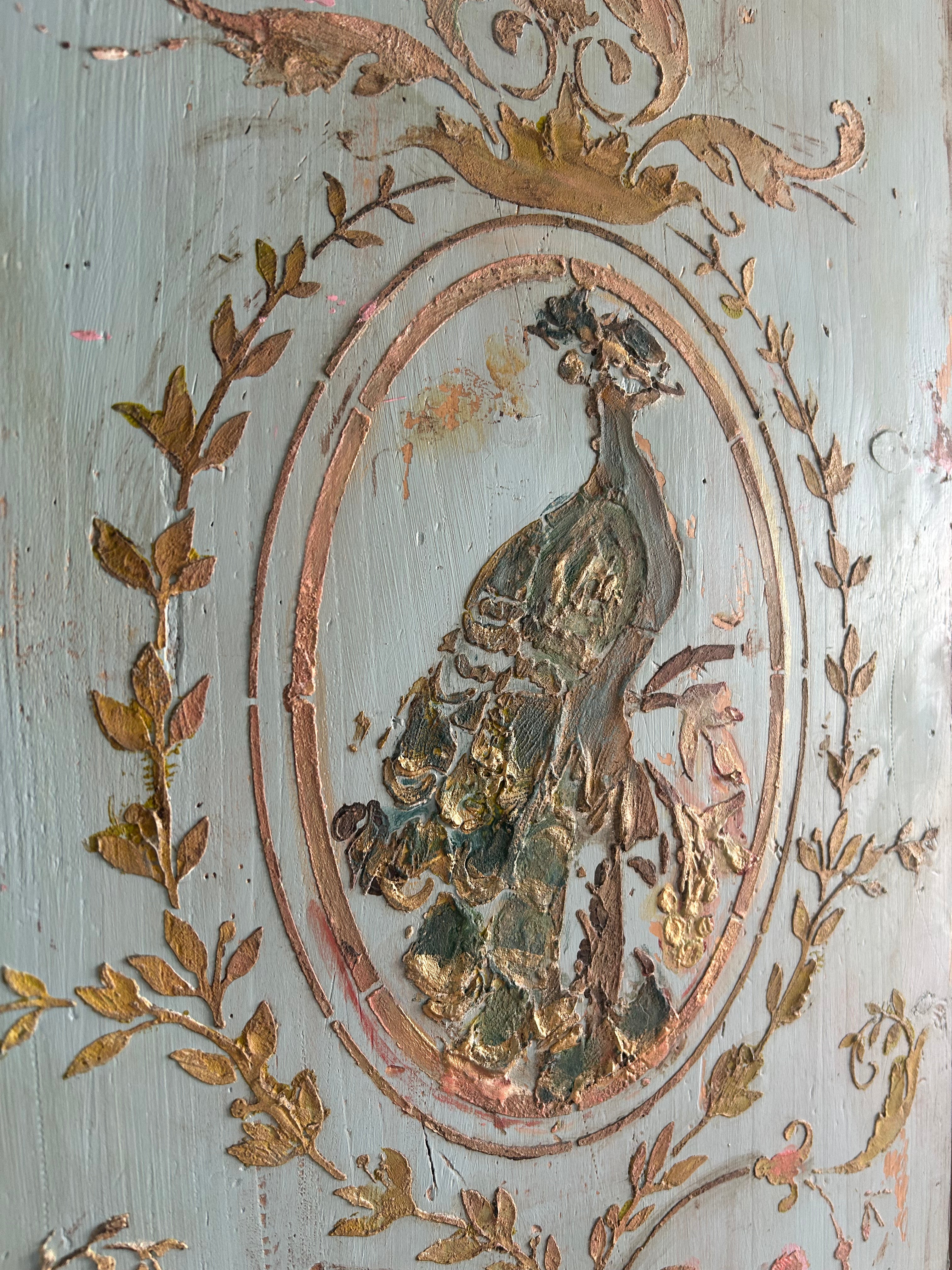 Vintage French Painted Pine Armoire with Inlaid Panel