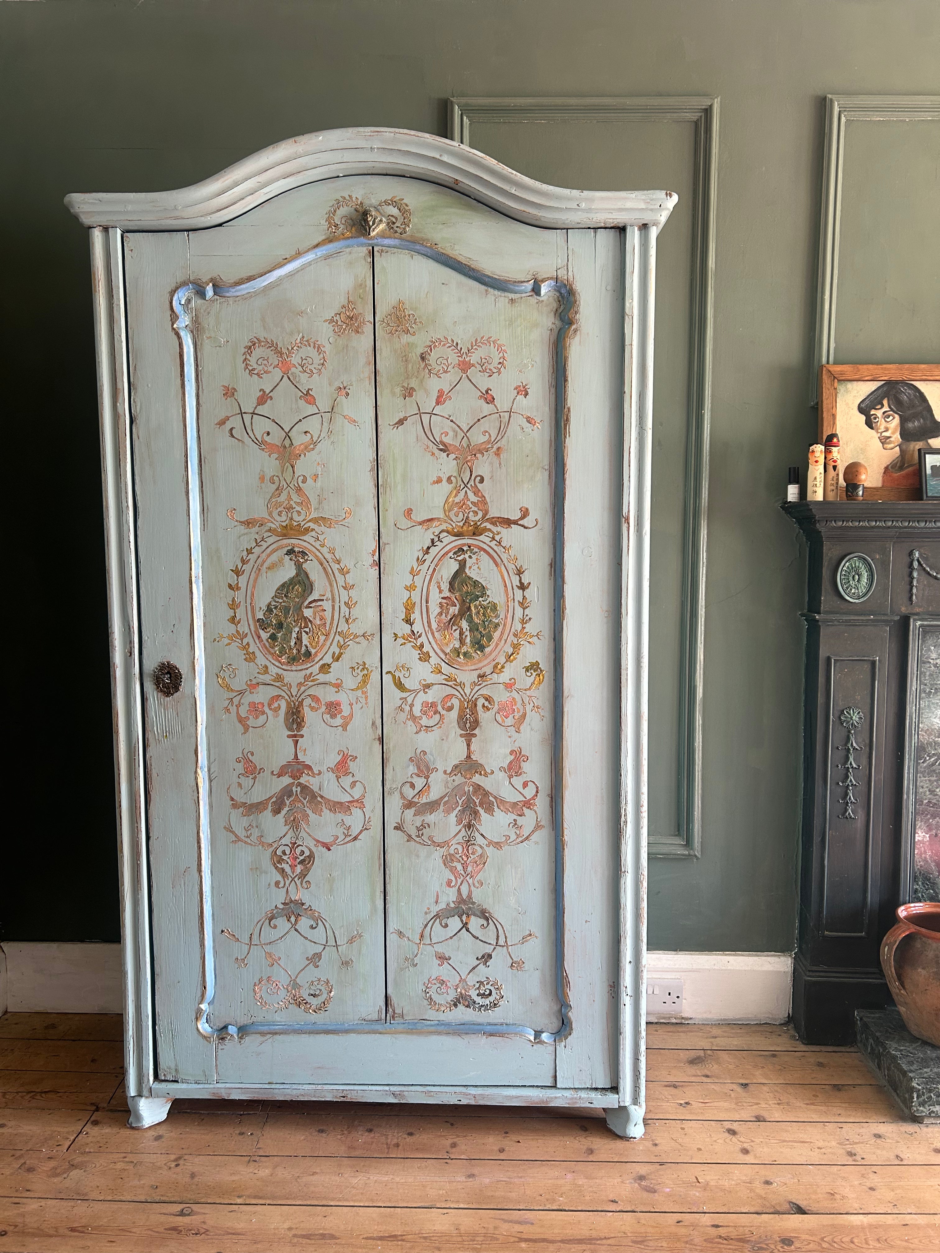 Vintage French Painted Pine Armoire with Inlaid Panel