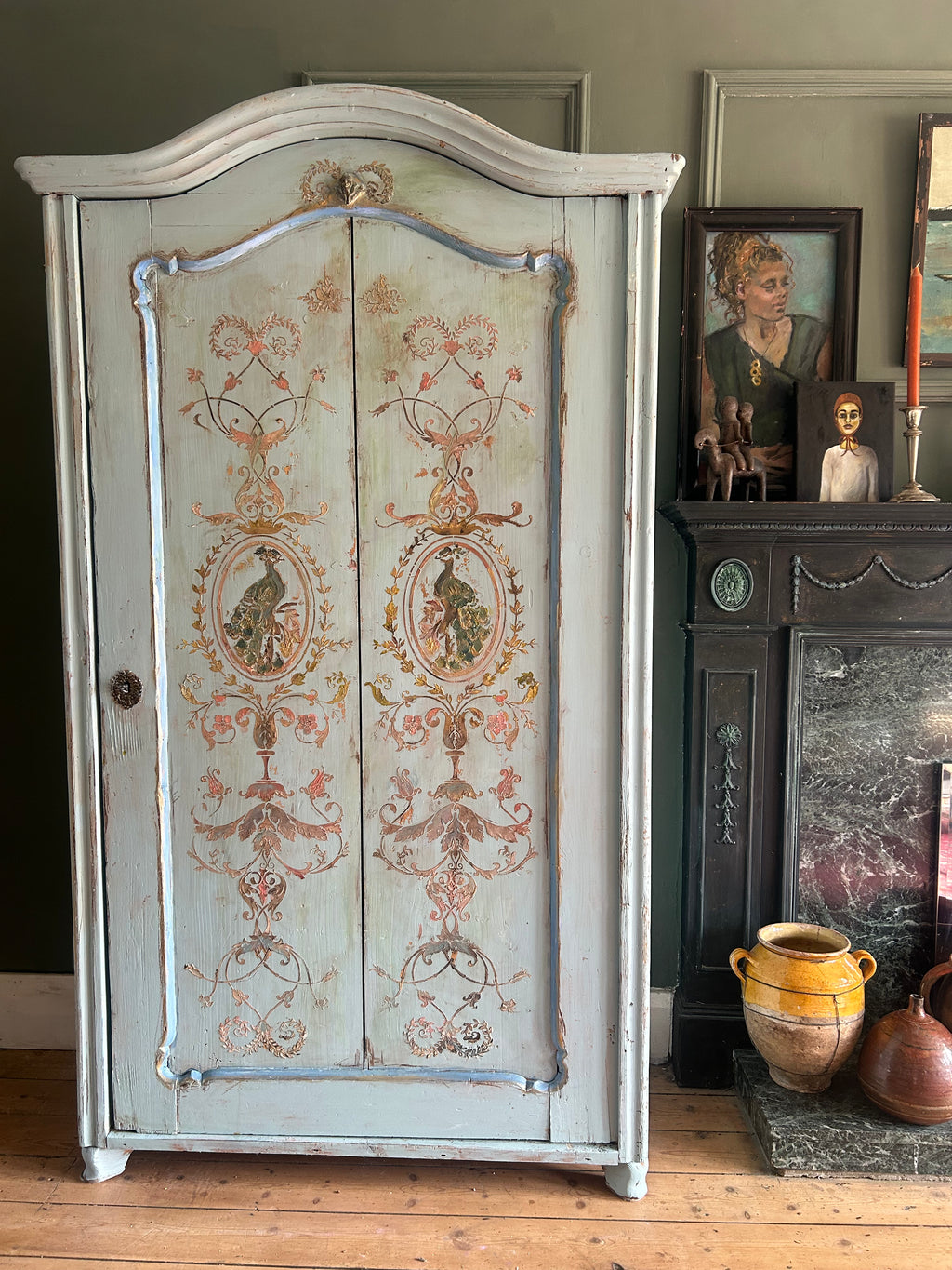 Vintage French Painted Pine Armoire with Inlaid Panel