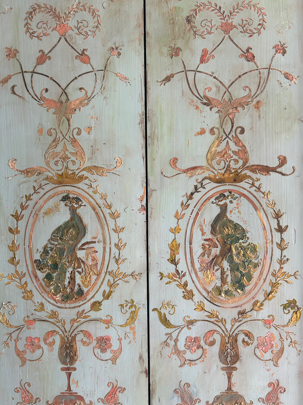 Vintage French Painted Pine Armoire with Inlaid Panel