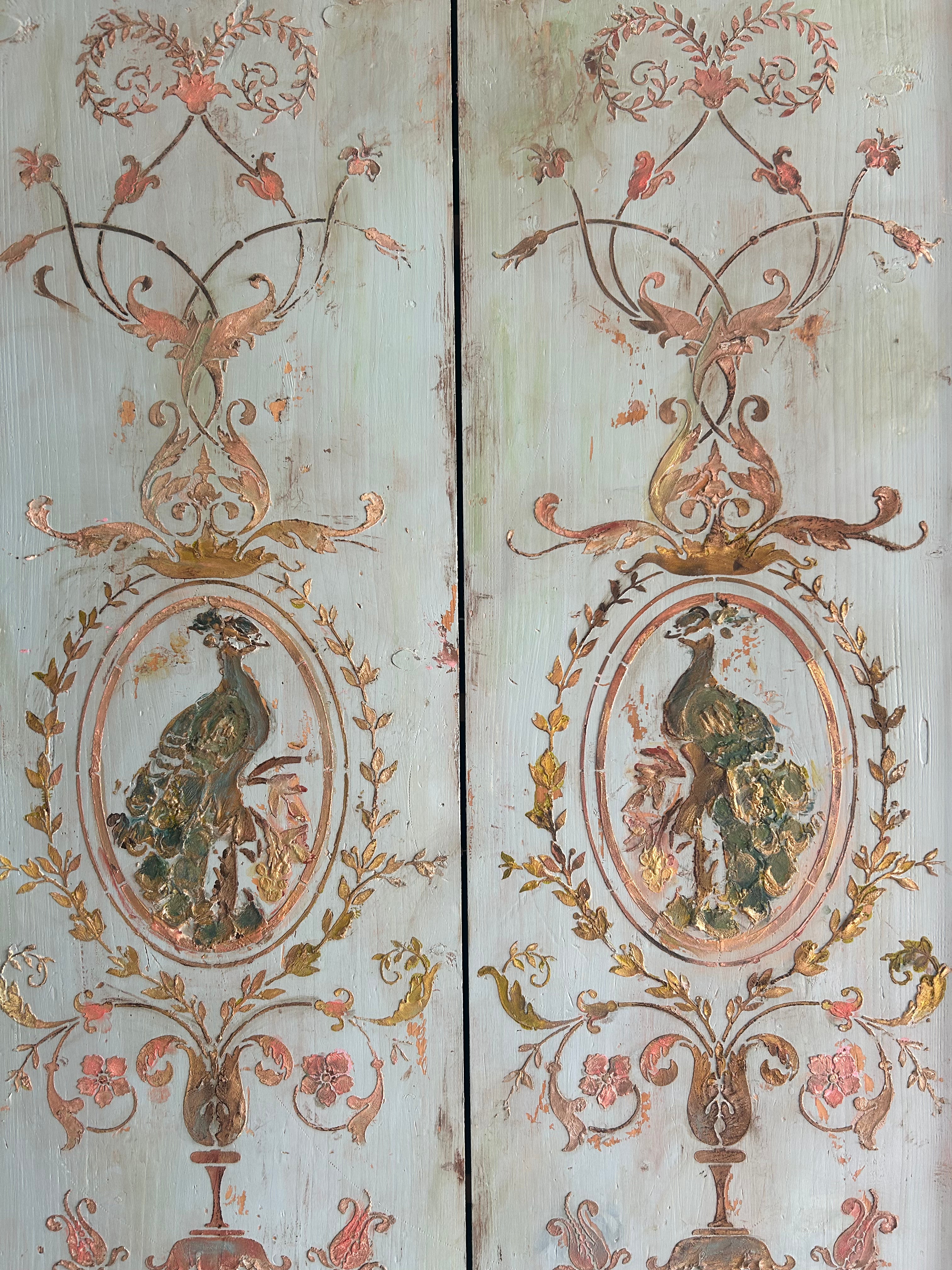 Vintage French Painted Pine Armoire with Inlaid Panel