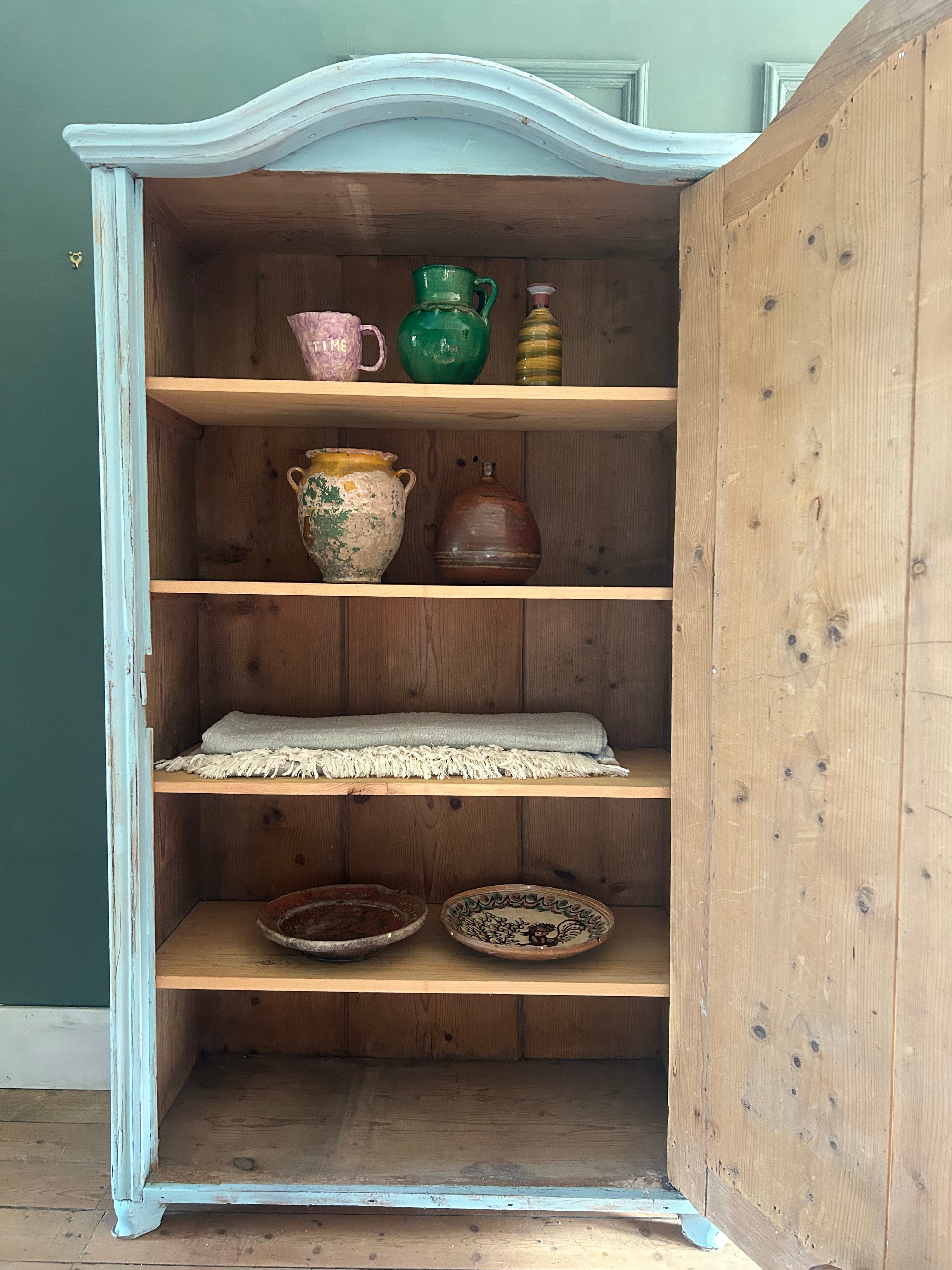 Vintage French Painted Pine Armoire with Inlaid Panel