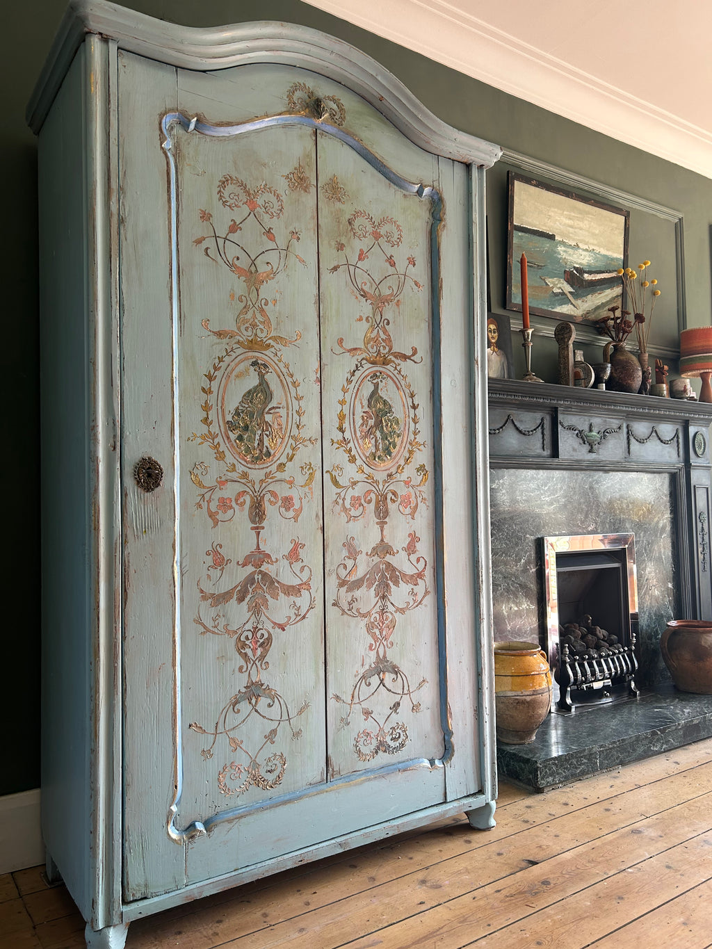 Vintage French Painted Pine Armoire with Inlaid Panel