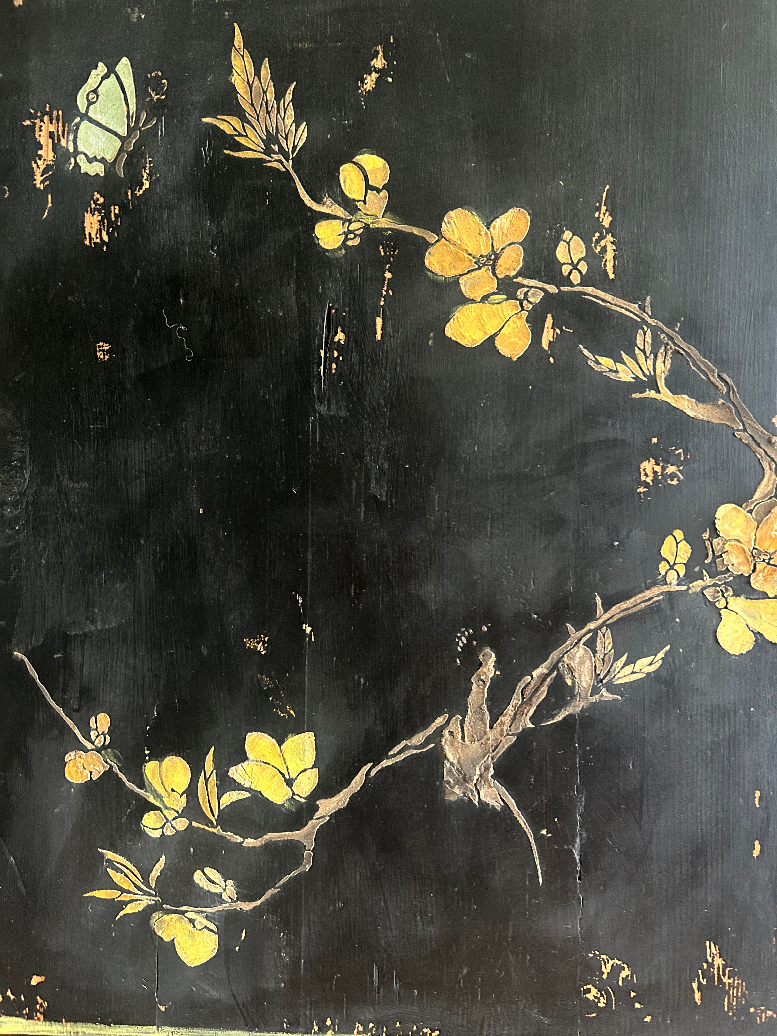 Large Double Vintage Painted Pine Wardrobe with Inlaid Chinoiserie