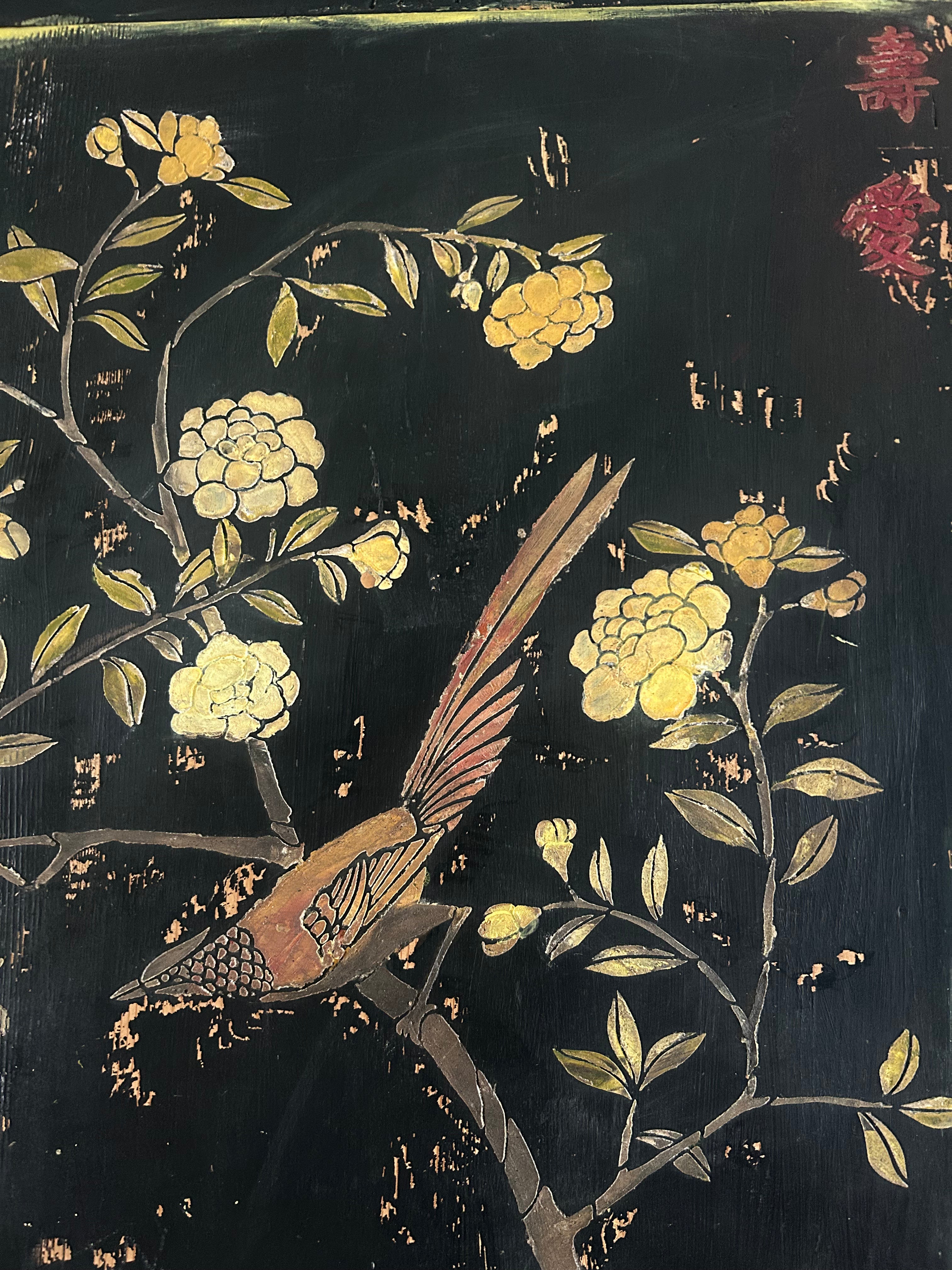 Large Double Vintage Painted Pine Wardrobe with Inlaid Chinoiserie