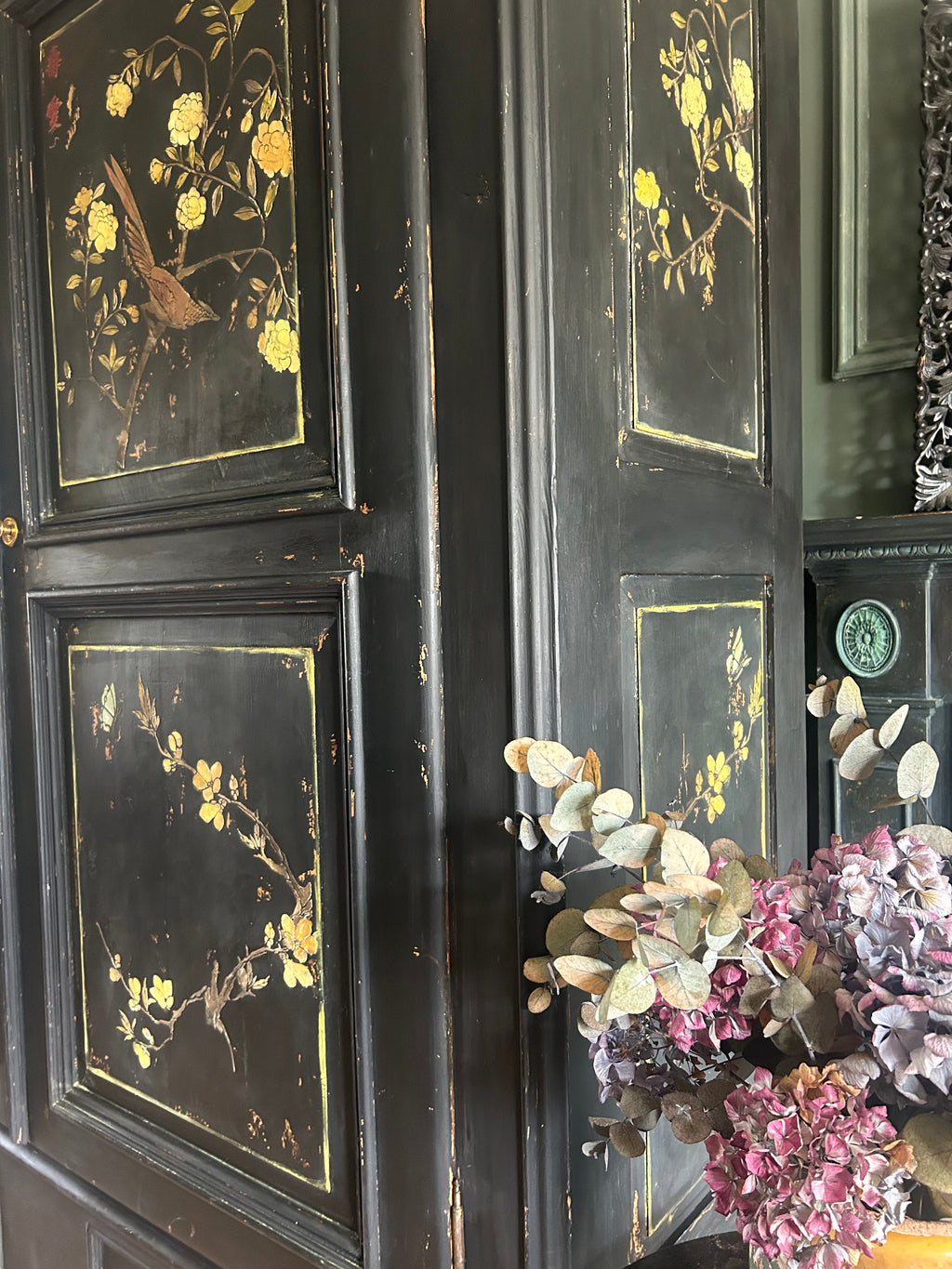 Large Double Vintage Painted Pine Wardrobe with Inlaid Chinoiserie