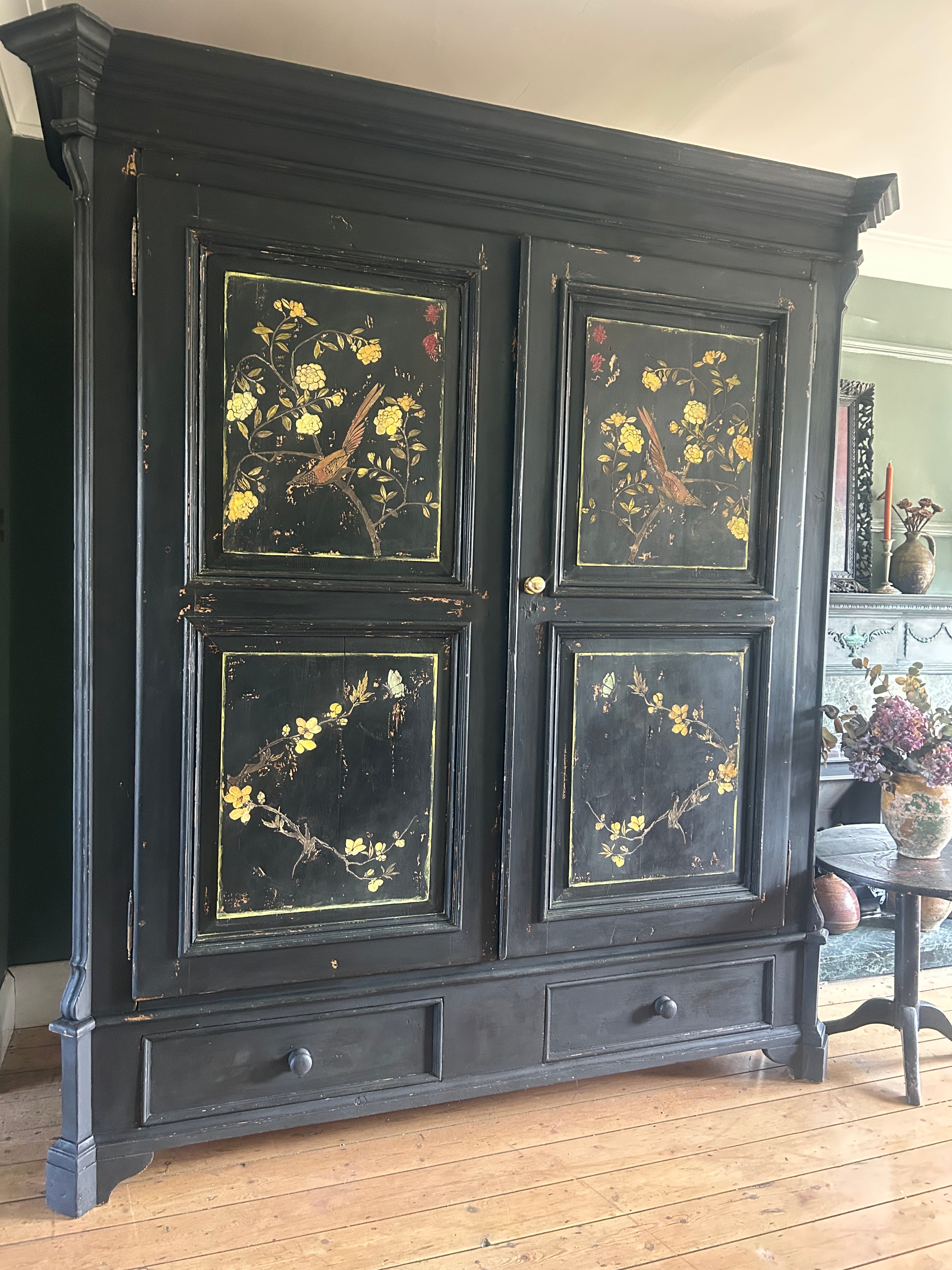 Large Double Vintage Painted Pine Wardrobe with Inlaid Chinoiserie