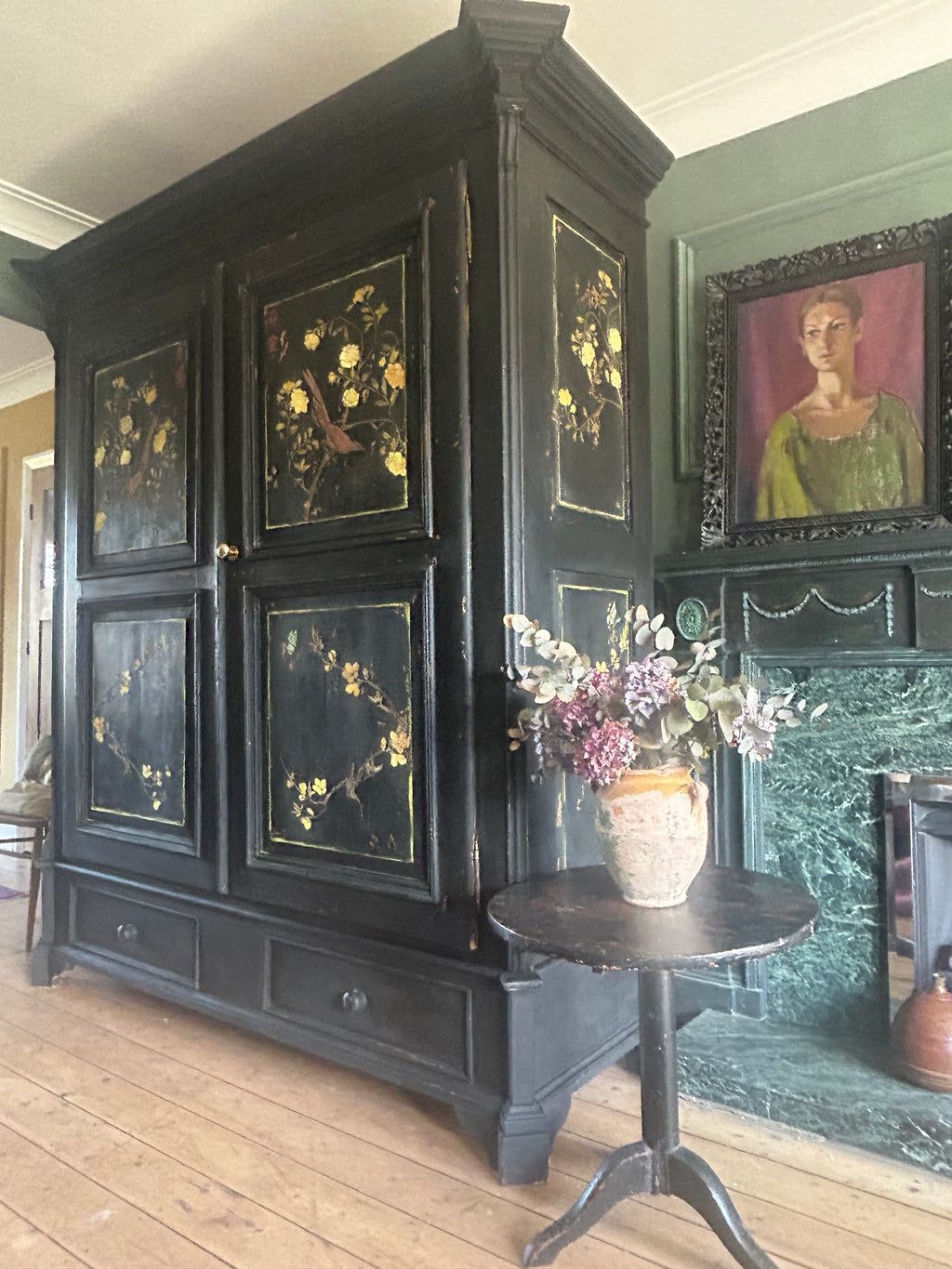 Large Double Vintage Painted Pine Wardrobe with Inlaid Chinoiserie