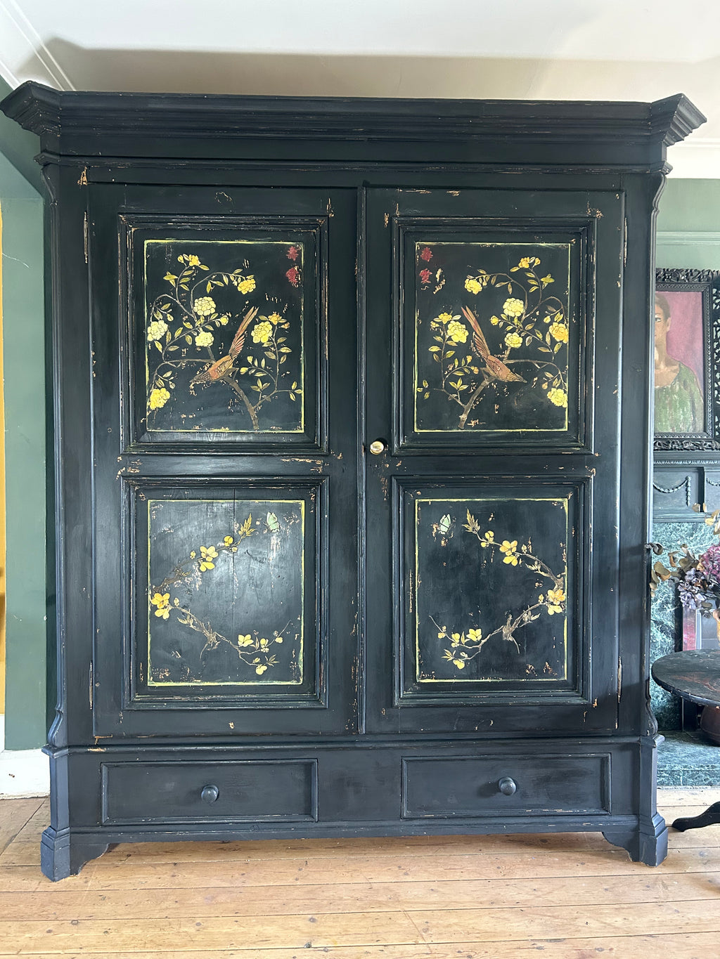Large Double Vintage Painted Pine Wardrobe with Inlaid Chinoiserie