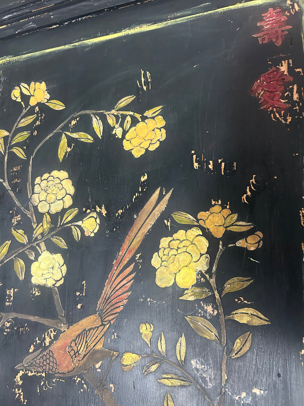 Large Double Vintage Painted Pine Wardrobe with Inlaid Chinoiserie