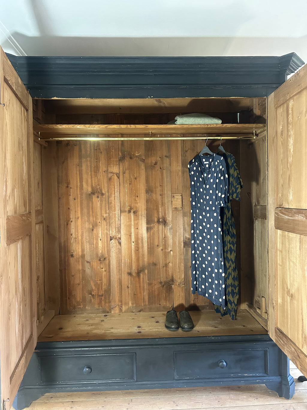 Large Double Vintage Painted Pine Wardrobe with Inlaid Chinoiserie