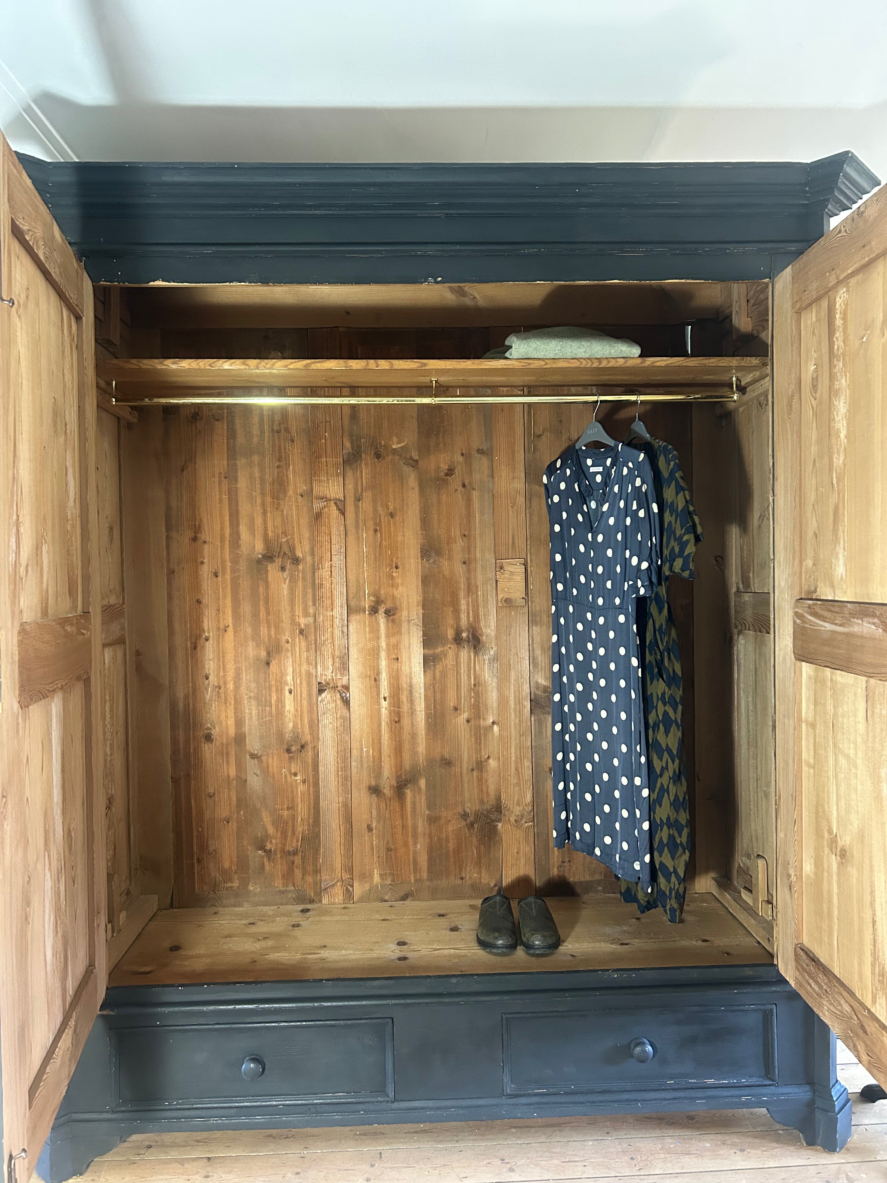 Large Double Vintage Painted Pine Wardrobe with Inlaid Chinoiserie