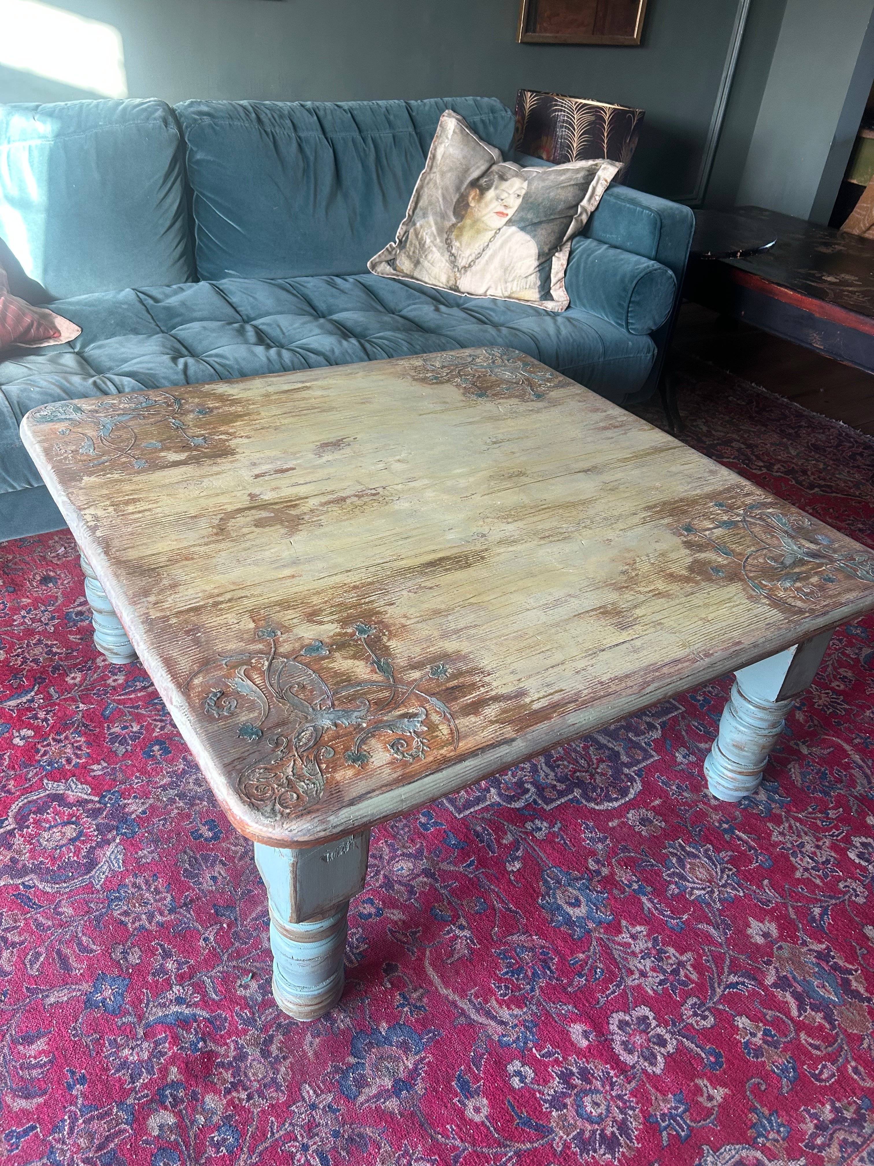 Vintage Painted Pine Coffee Table with Inlaid Design