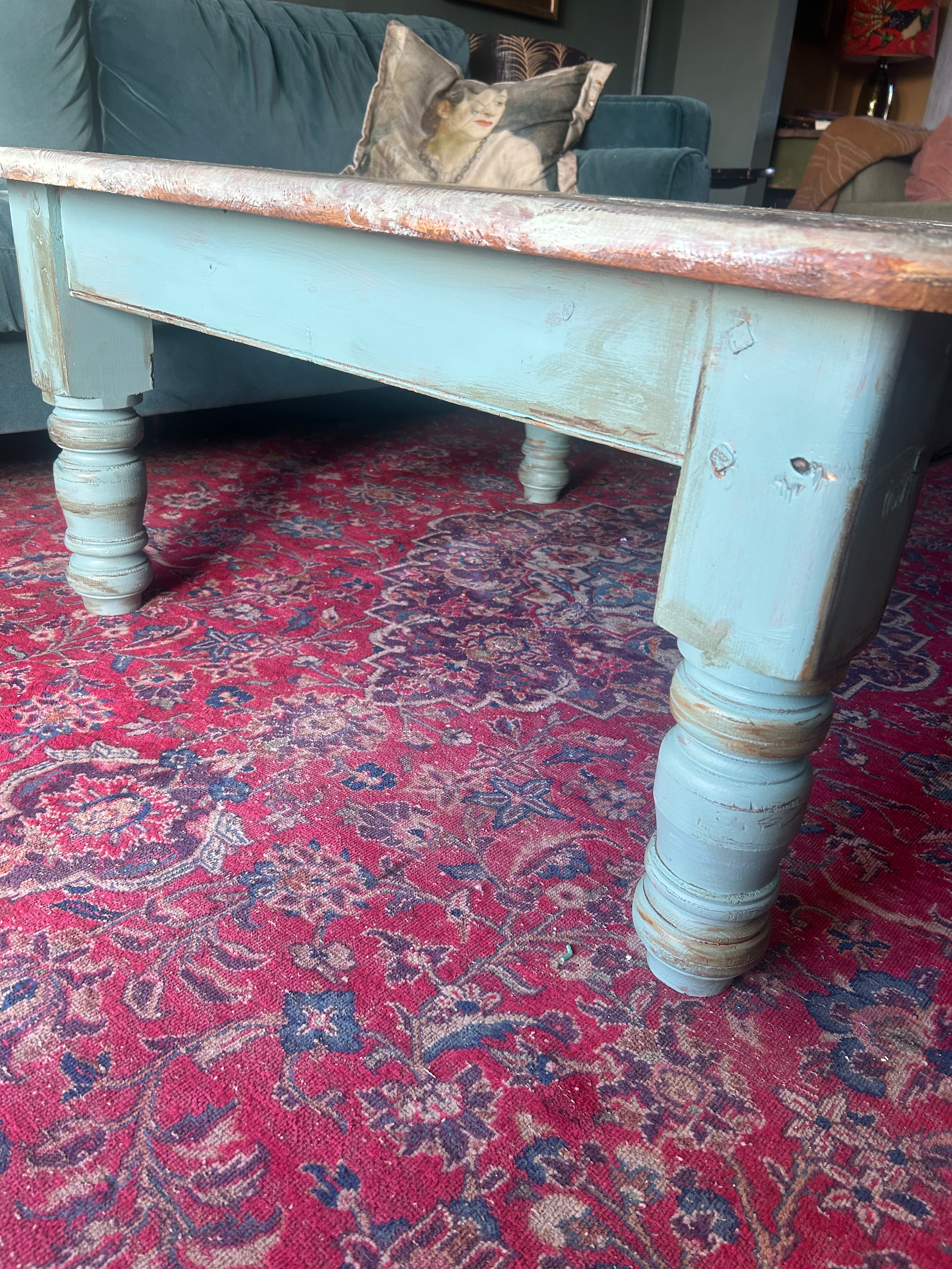 Vintage Painted Pine Coffee Table with Inlaid Design