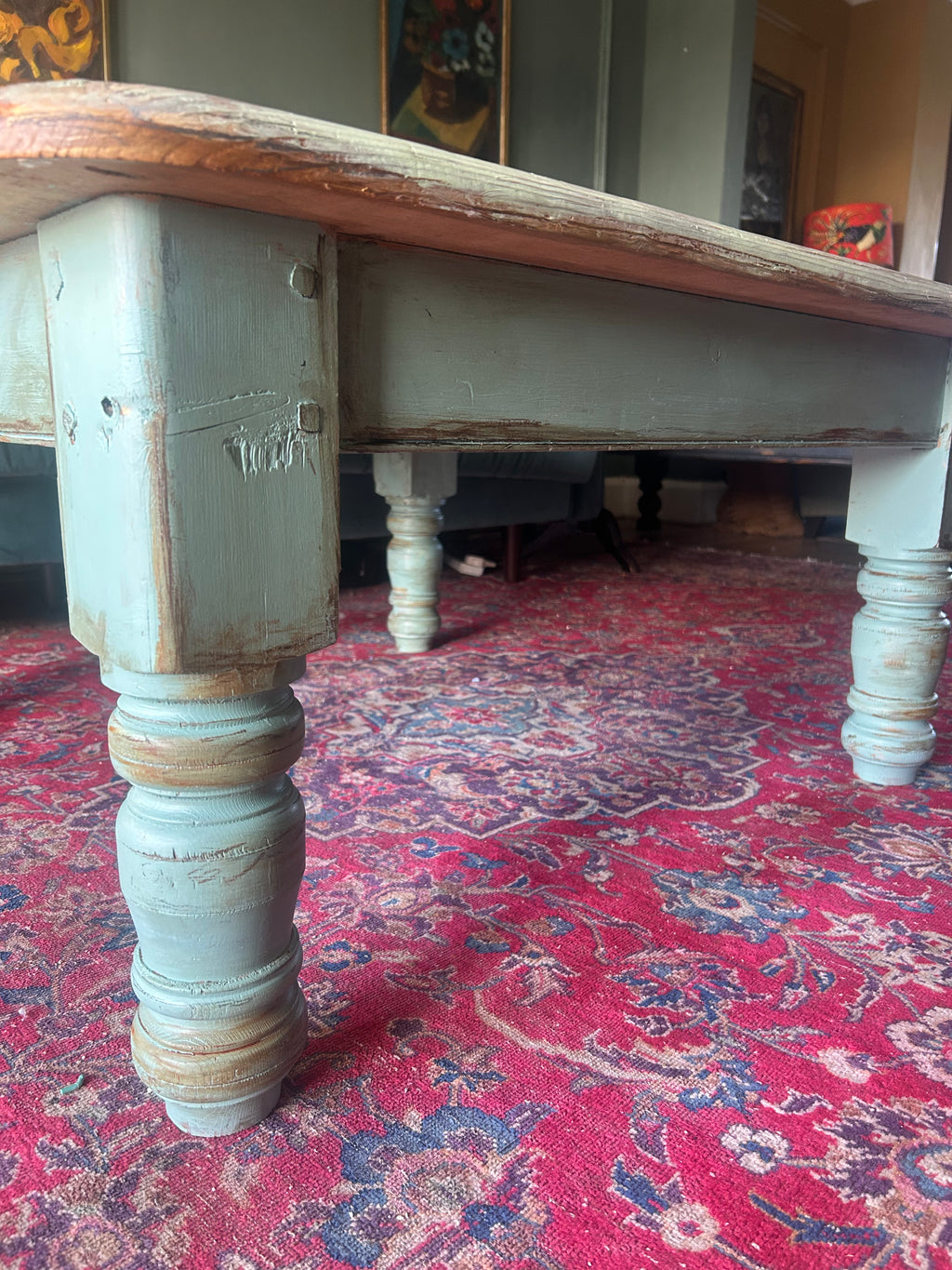 Vintage Painted Pine Coffee Table with Inlaid Design