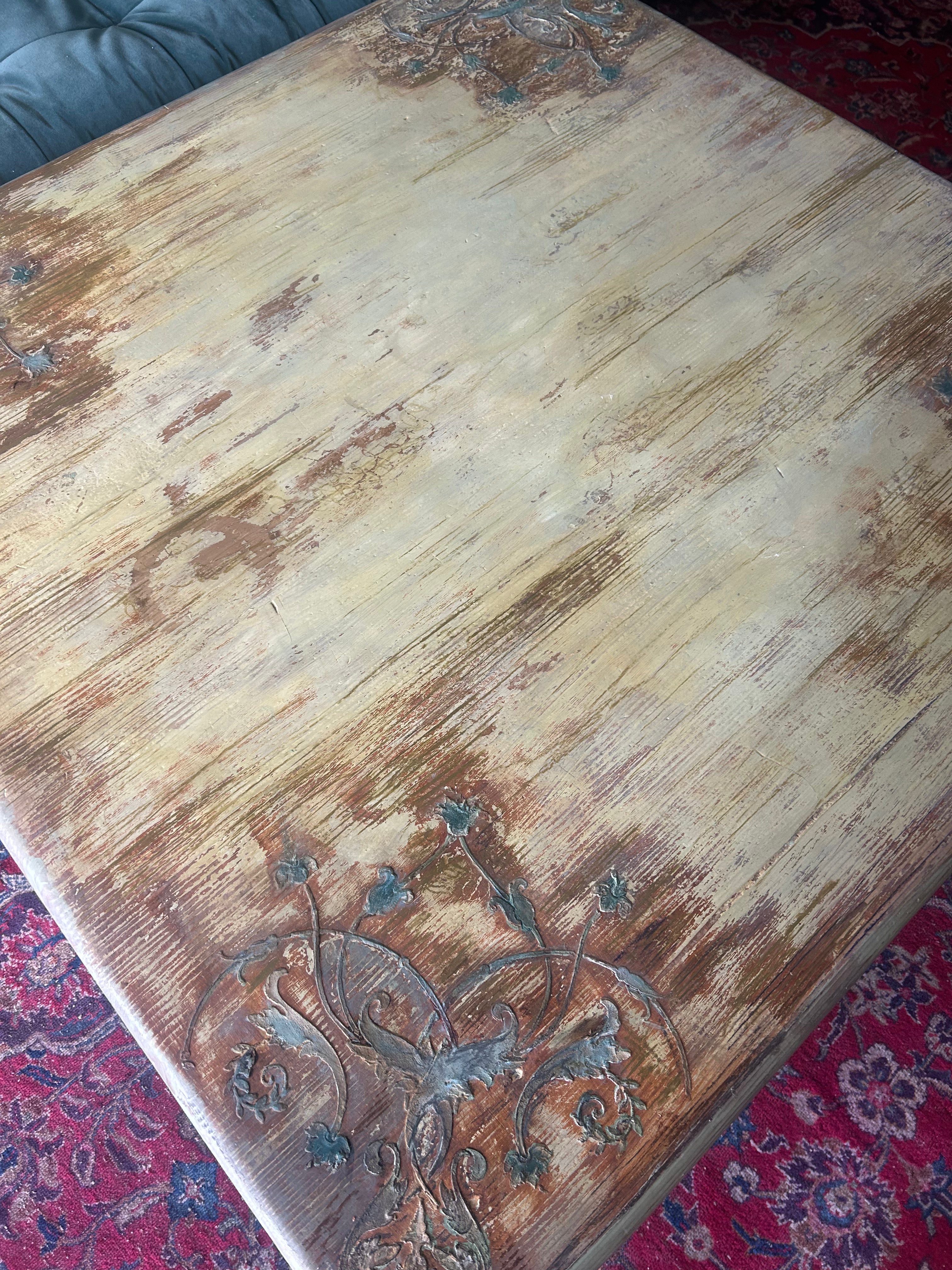 Vintage Painted Pine Coffee Table with Inlaid Design