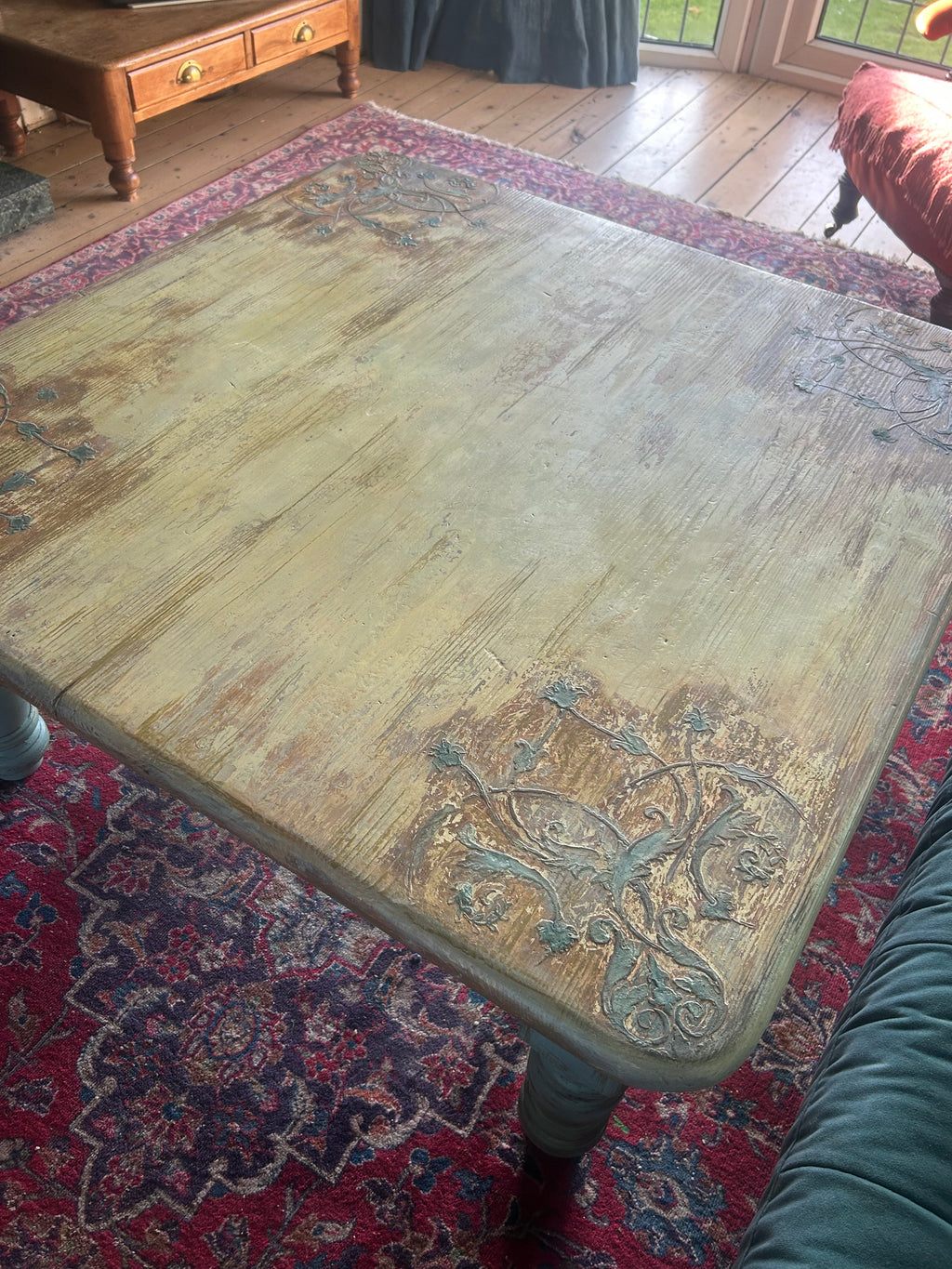 Vintage Painted Pine Coffee Table with Inlaid Design