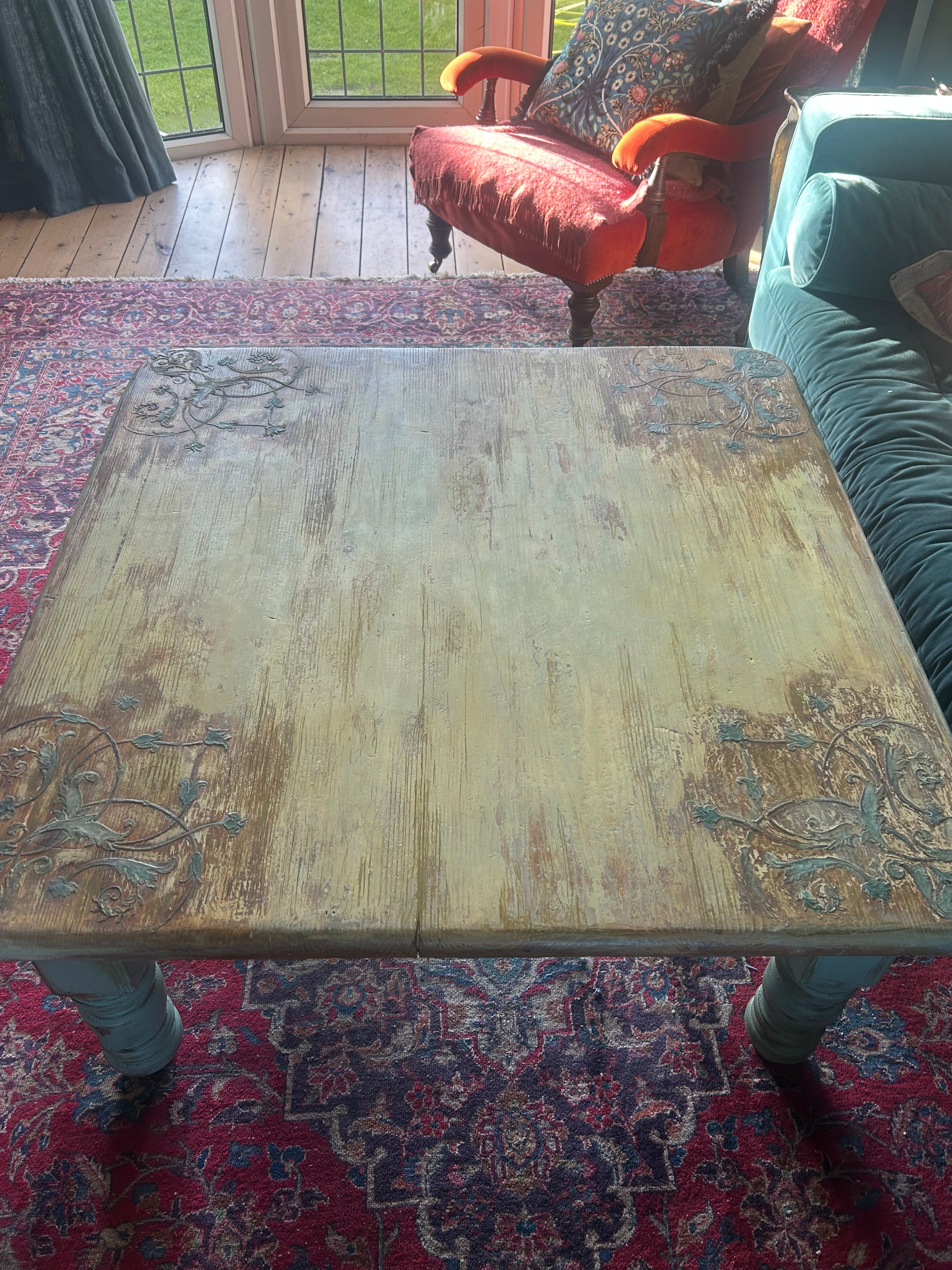 Vintage Painted Pine Coffee Table with Inlaid Design