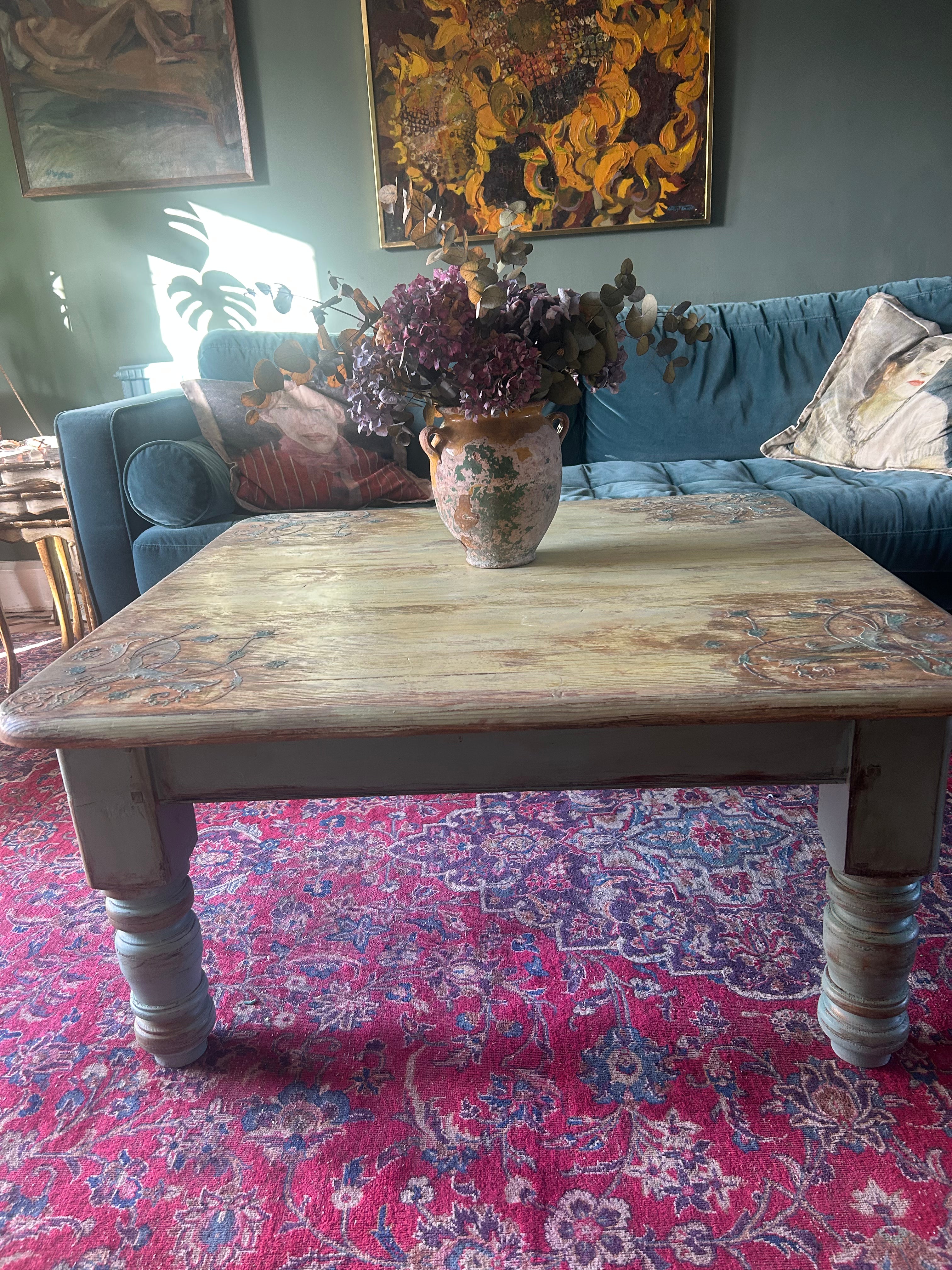 Vintage Painted Pine Coffee Table with Inlaid Design
