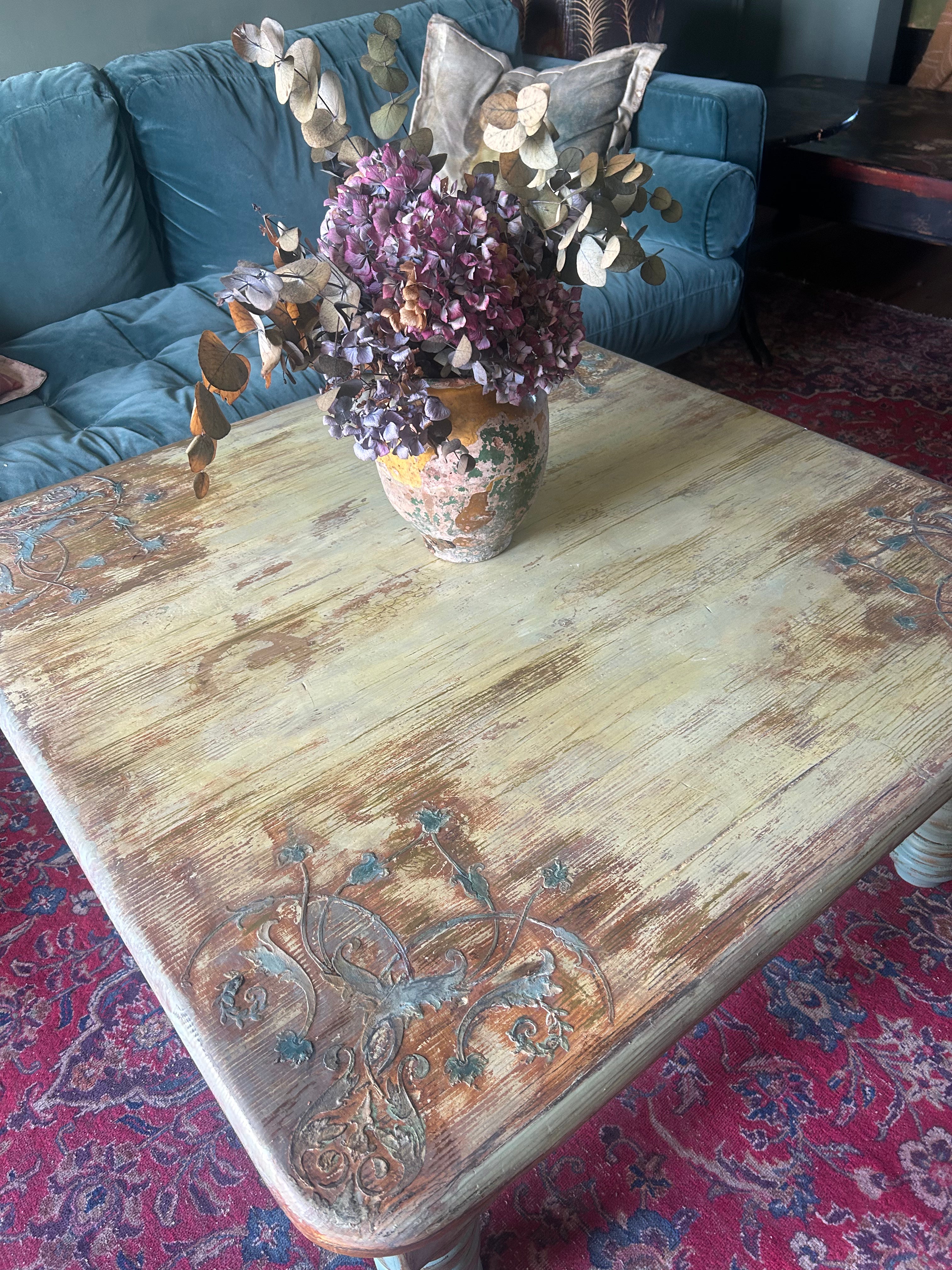 Vintage Painted Pine Coffee Table with Inlaid Design