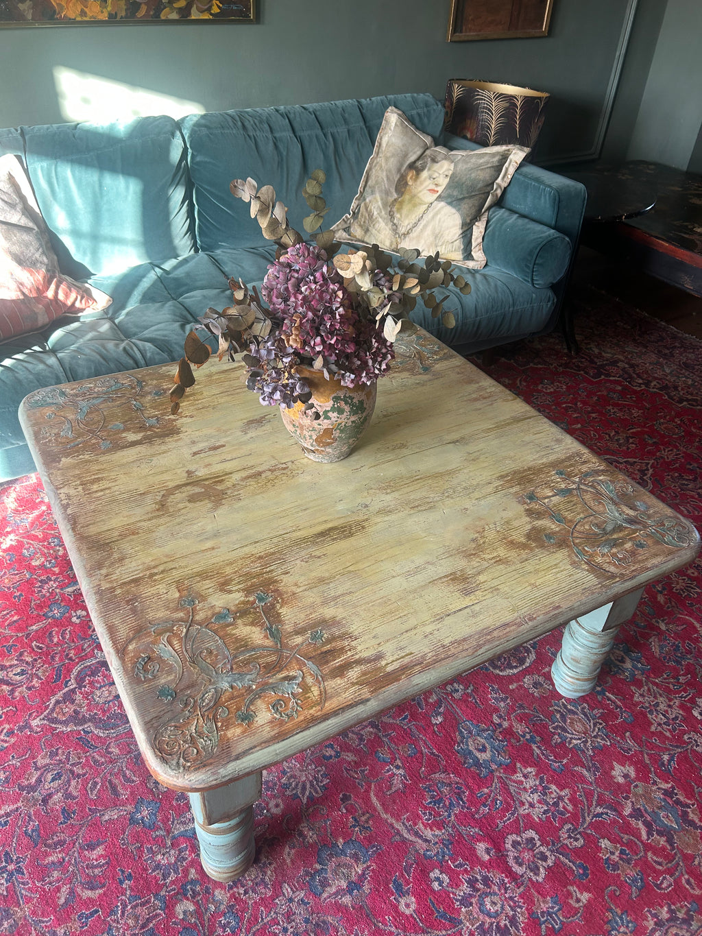 Vintage Painted Pine Coffee Table with Inlaid Design